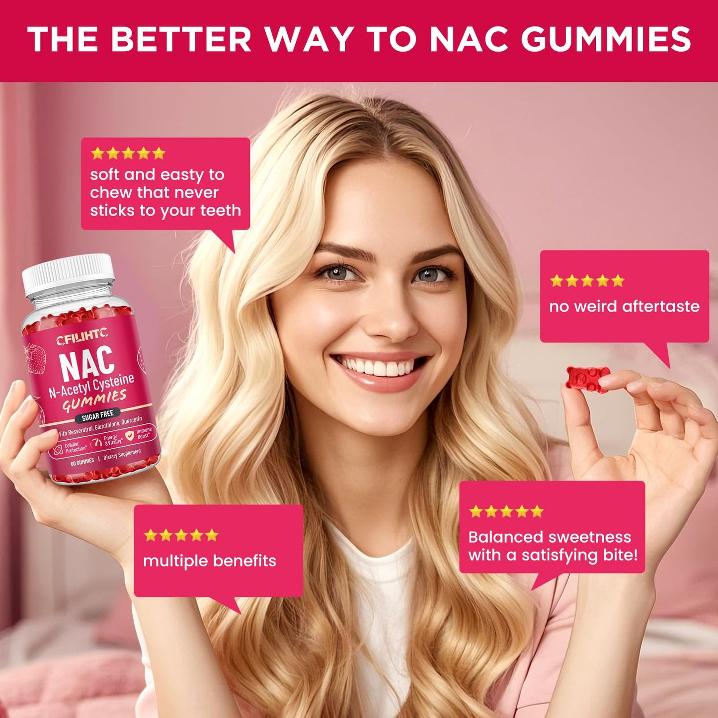 CFILIHTC NAC Gummies 600mg with N-Acetyl Cysteine, Glutathione, Resveratrol, Magnesium, CoQ10 for Antioxidants & Immune Support, Strawberry Flavor, 60 Gummies