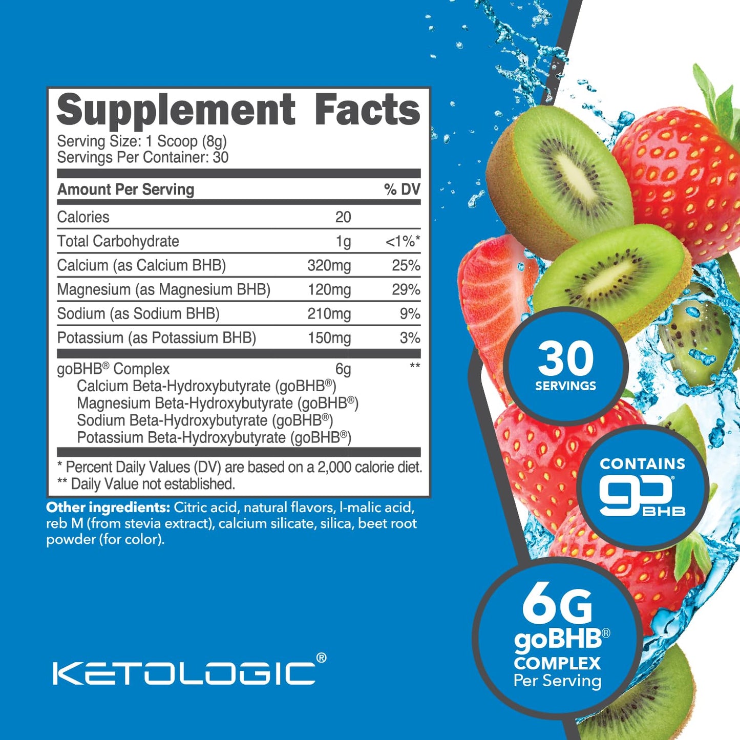 Ketologic Keto BHB Powder Strawberry Kiwi Flavor, 8.7 Ounce