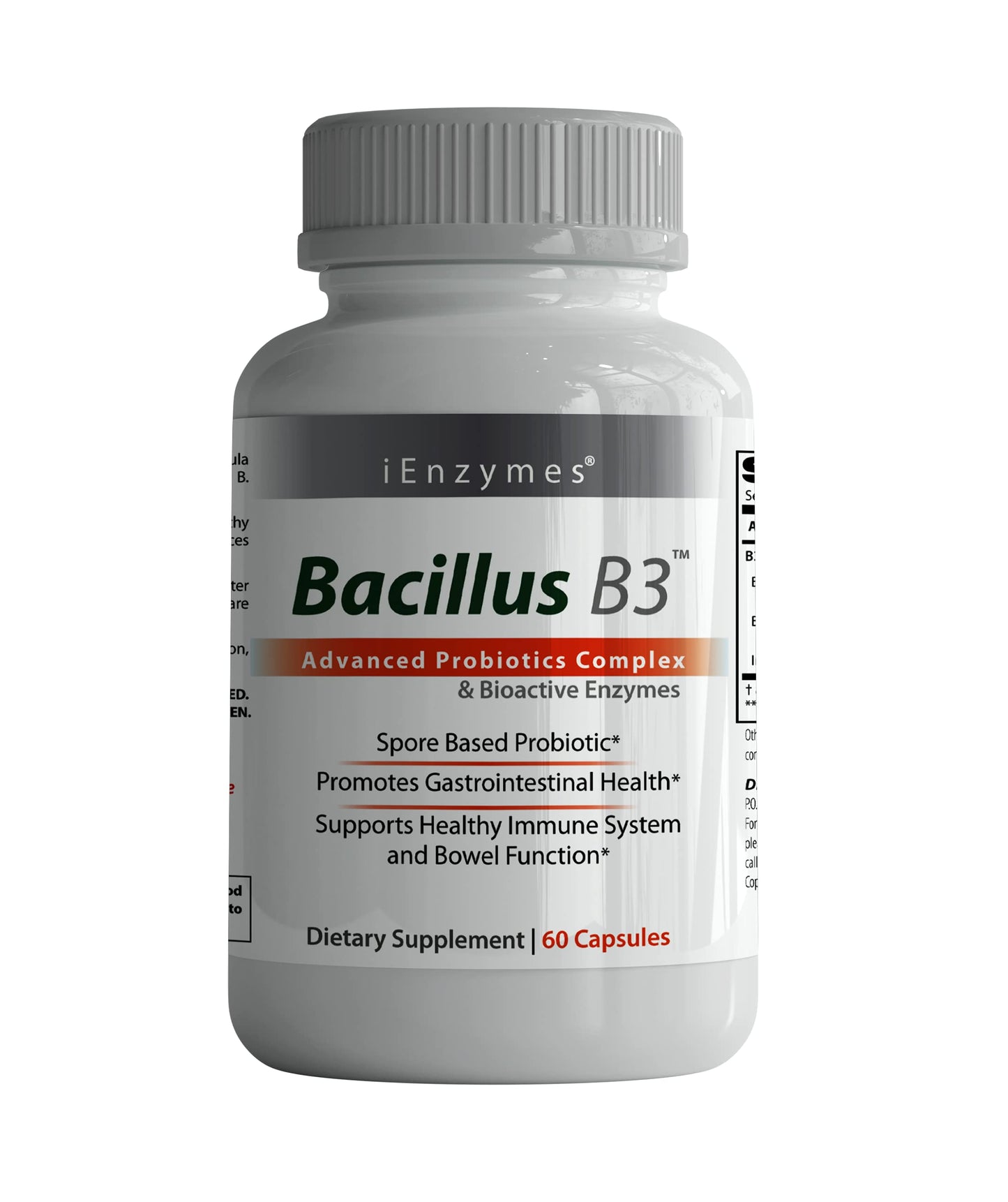 iEnzymes Bacillus B3 Spore-Based Probiotic + Enzymes for Gut Health & Microbiome Support, Shelf-Stable Daily Probiotic with Bacillus Coagulans, Bacillus Subtilis & Bacillus Clausii, 60 Capsules