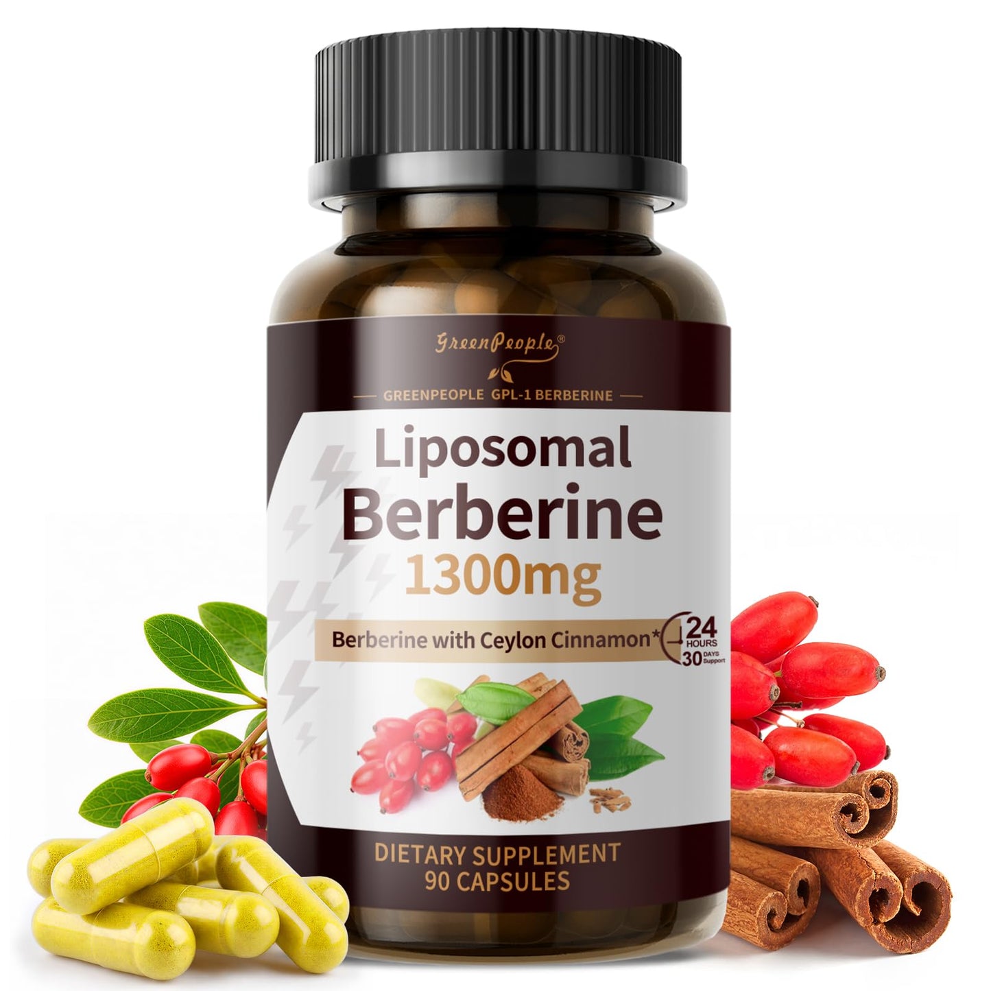 GREENPEOPLE Liposomal Berberine Supplement with Ceylon Cinnamon - Berberine HCL 1300mg 10X High Absorption - AMPK & PPAR Activator for Metabolic & Digestive & Immune Balance - Non-GMO, 90 Veg Capsules