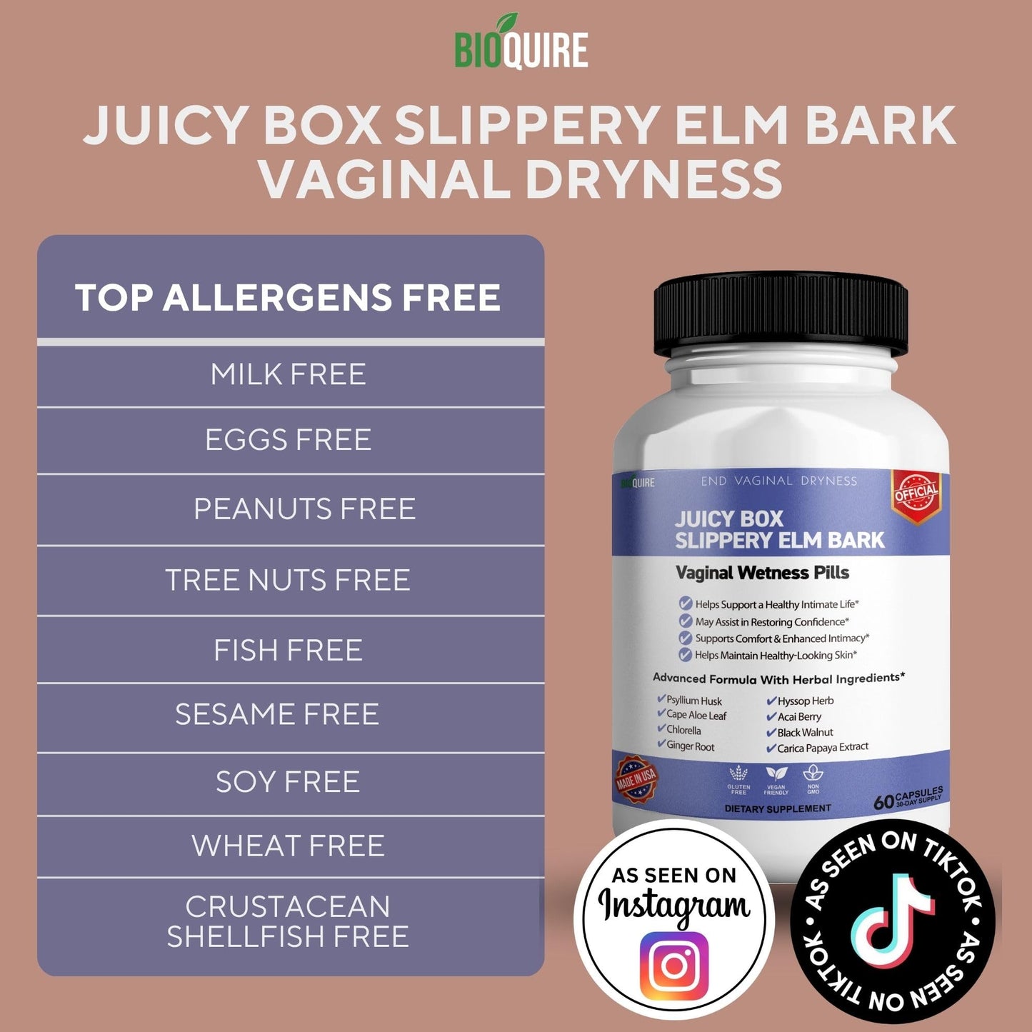 BIOQUIRE Slippery Elm Bark Vaginal Wellness Supplement Capsules 60