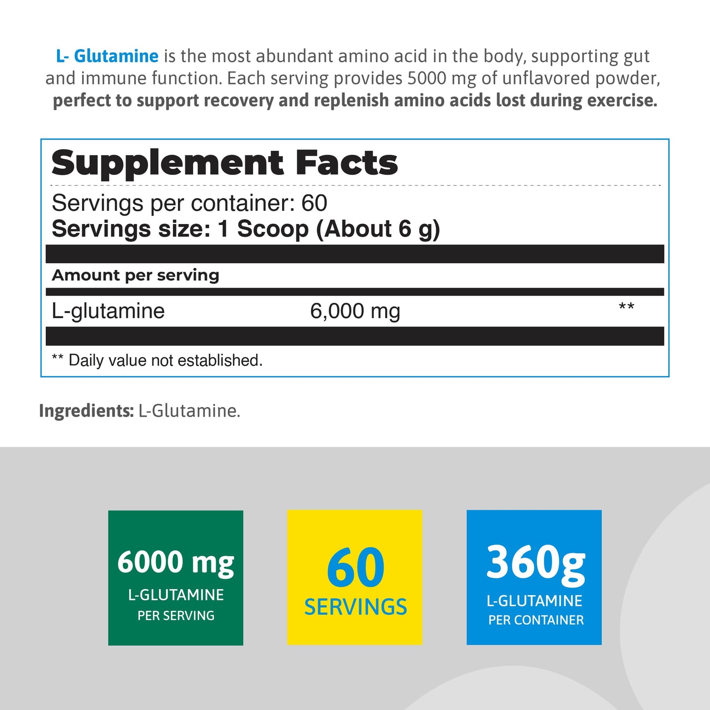 HEALTHY SPORTS L-Glutamine Powder 6000mg Recovery Gut Health 60 Servings, 1 Ounce, 1 Pack