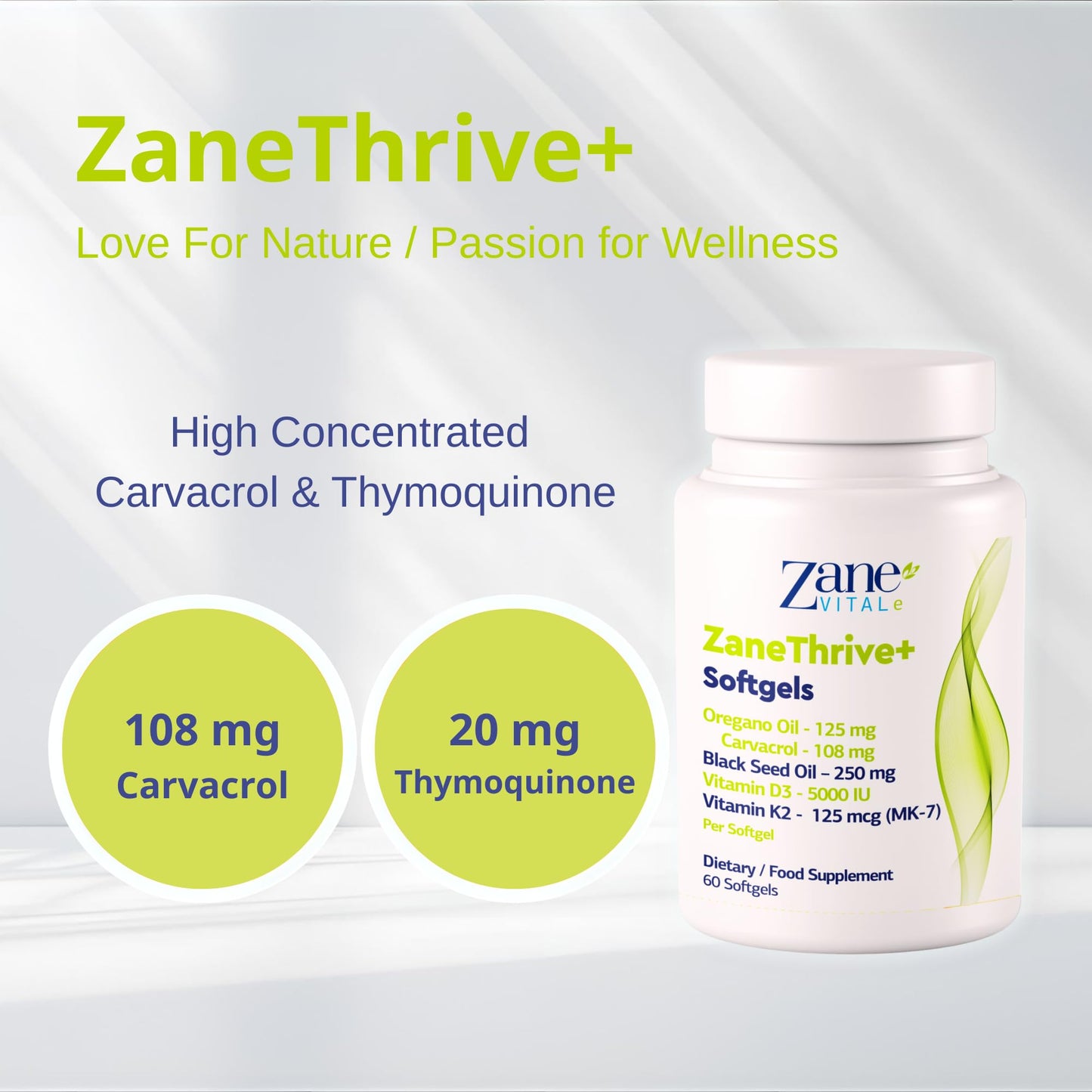 Zane VITALe Vitamin D3 & K2, Oregano Oil, Black Seed Oil Supplement 60 Softgels