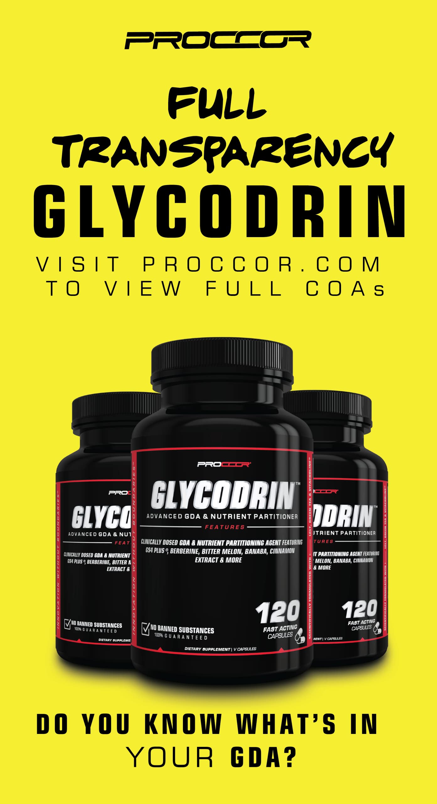 PROCCOR GLYCODRIN GDA with Berberine, Cinnamon, Banaba, Bittermelon, Panax Ginseng, GS4 Plus Capsules 120 Count