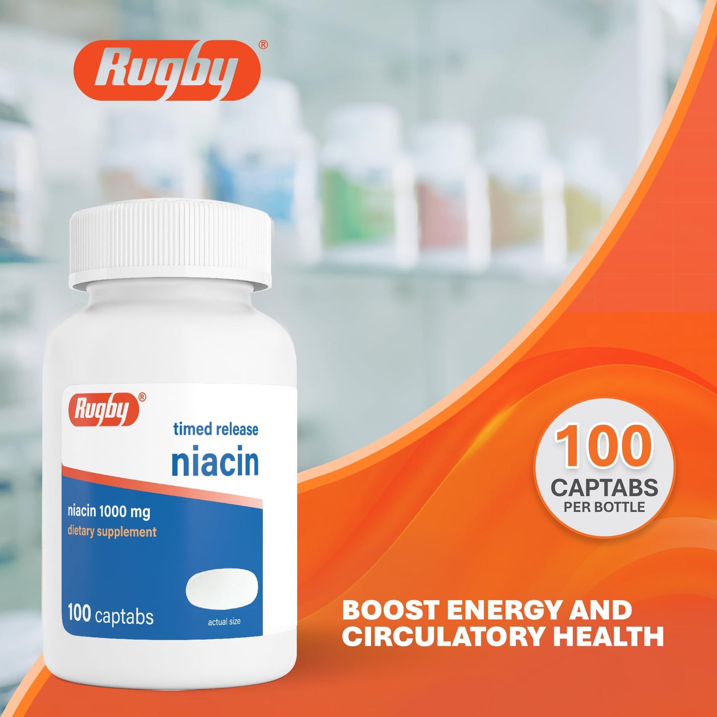 Rugby Laboratories Timed-Release Niacin 1000mg Dietary Supplement, 100 Tablets