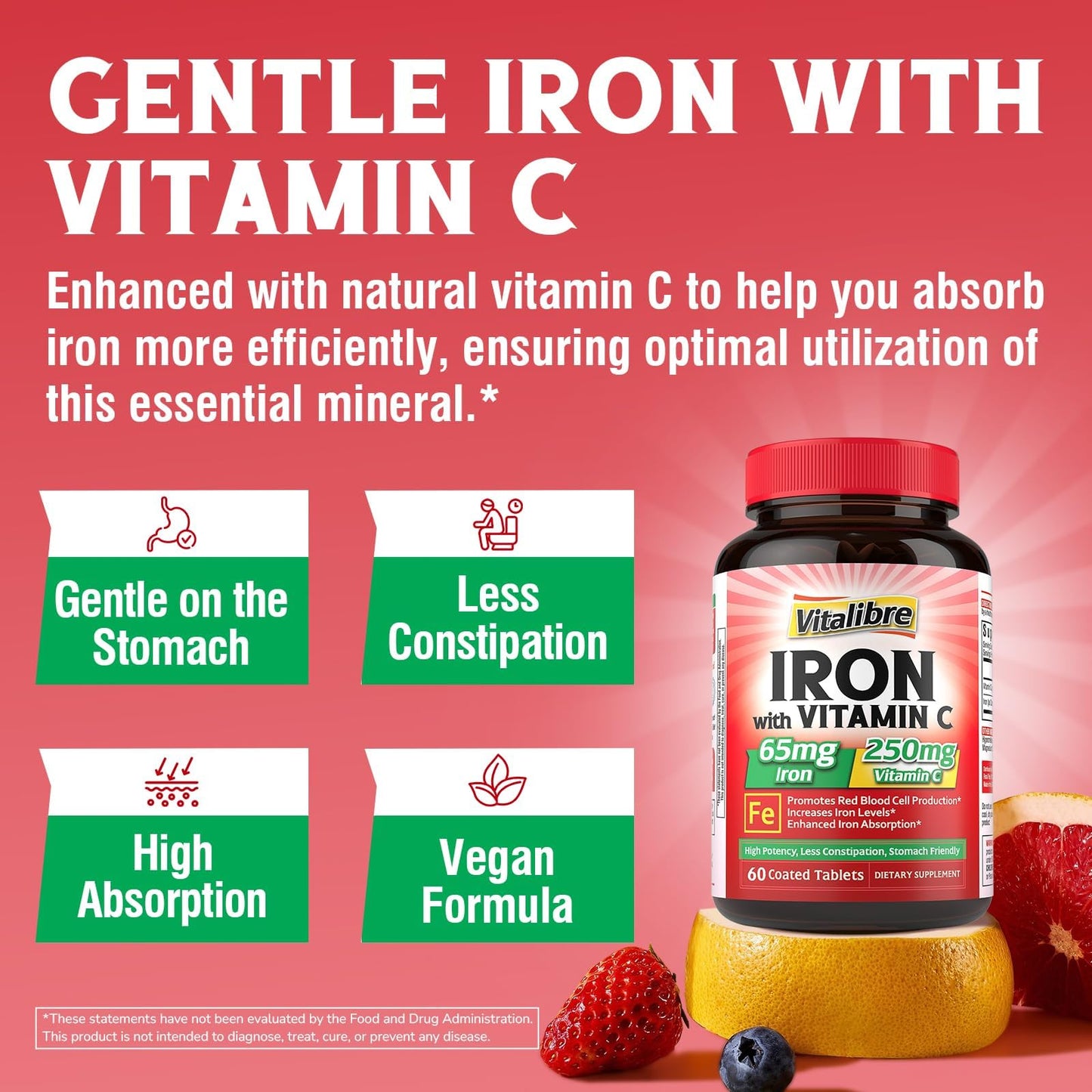Vitalibre Iron Supplement Tablets, 65mg Carbonyl Iron with 250mg Vitamin C, Stomach Friendly, Non-GMO, 60 Count