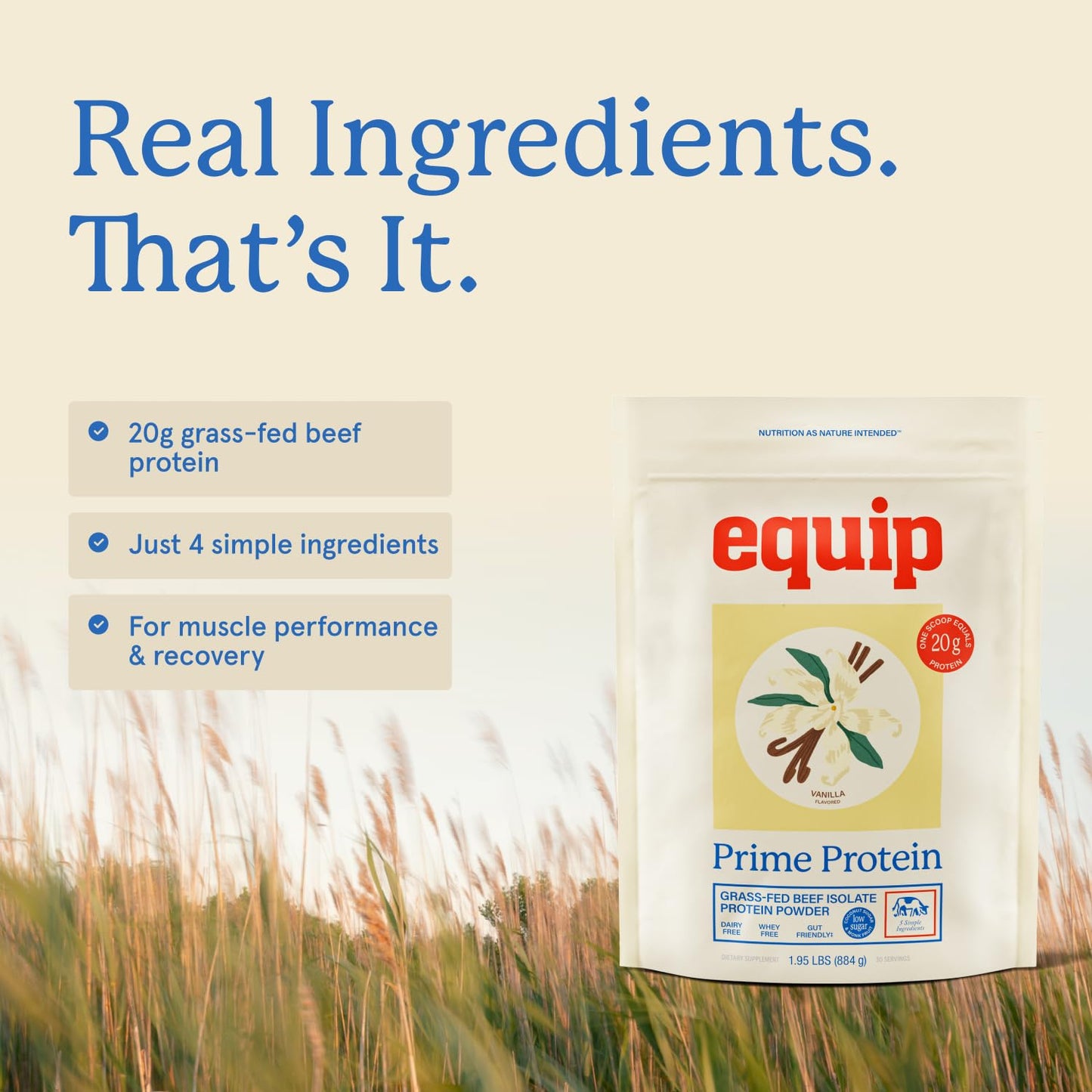 Equip Prime Protein Powder Beef Protein Isolate, Grass-Fed, Paleo & Keto Friendly, Gluten & Dairy Free, Vanilla, 30 Servings
