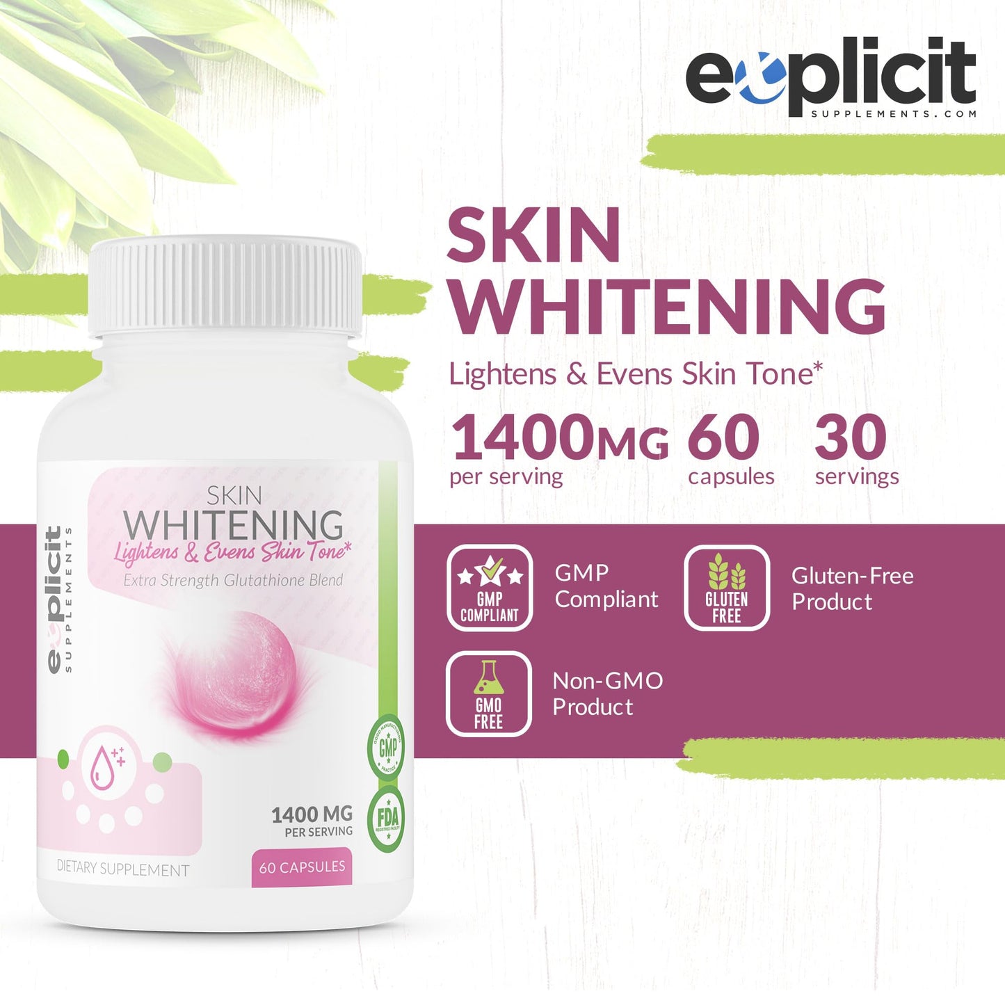 eXplicit Supplements Skin Whitening Supplement, Glutathione 1000mg, Clears and Evens Skin Tones, Helps Clear Up Dark Spots and Acne Scars, 60 Capsules