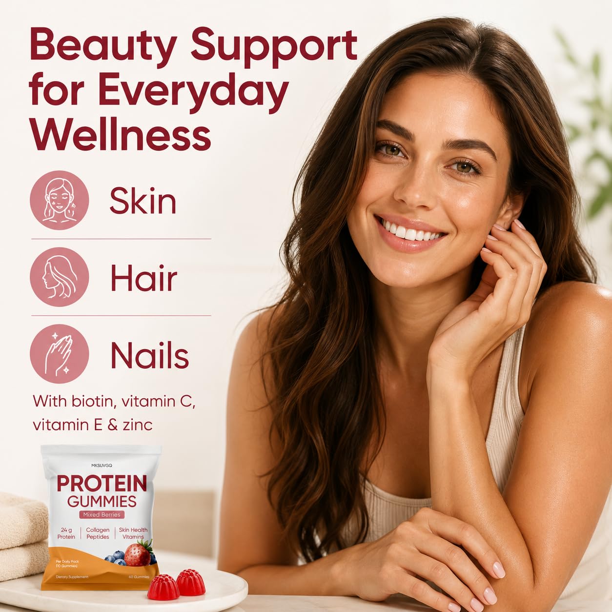 MKSUVGQ Protein Gummies with Collagen & Biotin, 60 Gummies