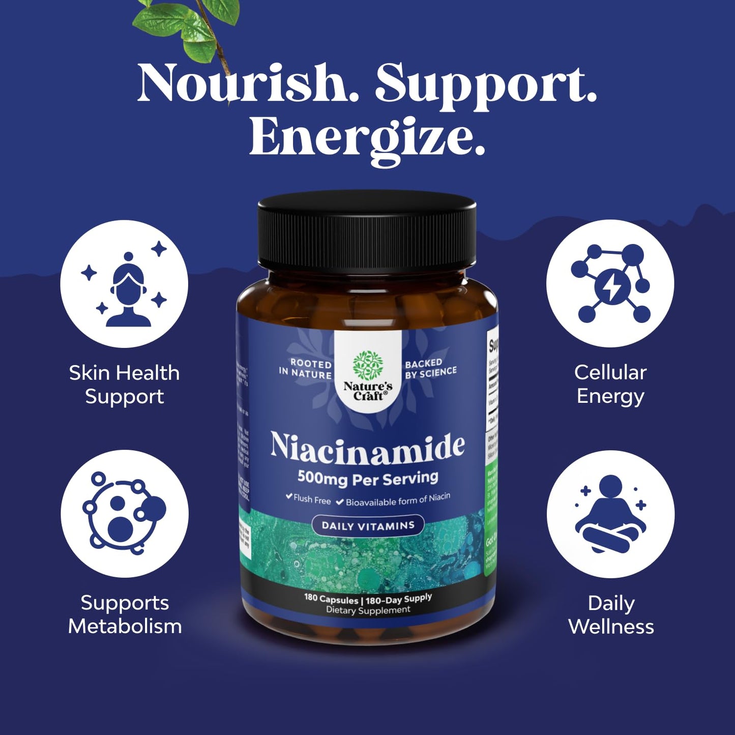 Natures Craft Pure Vitamin B3 Niacinamide 500mg Capsules, 180 Count