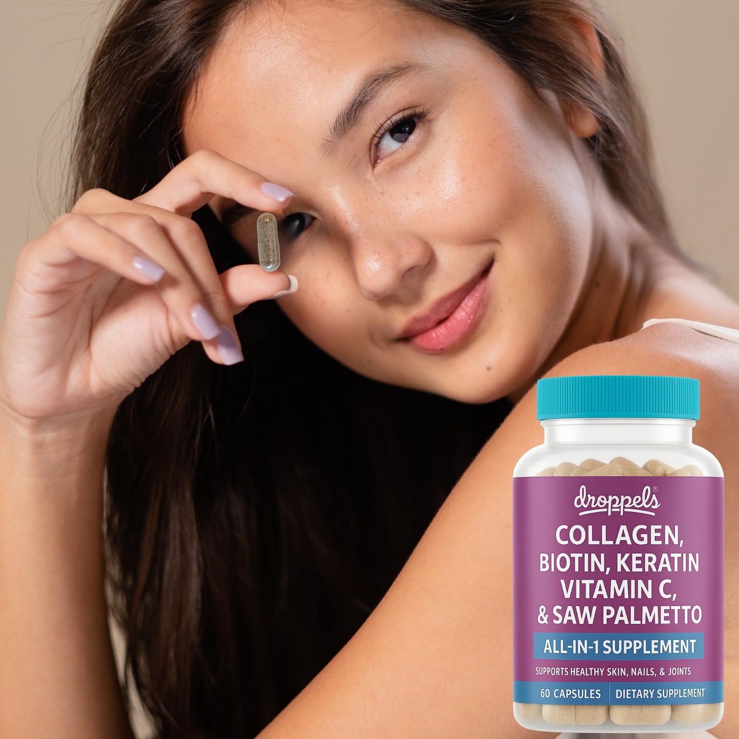 Droppels Collagen Capsules – Advanced Collagen + Biotin + Keratin + Vitamin C – Hair, Skin, Nails & Joints Support, 60 Count