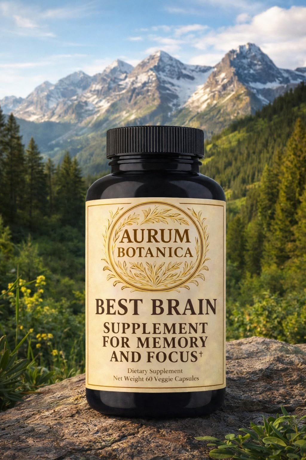 AURUM BOTANICA Best Brain Supplement for Memory and Focus with L-Theanine, Lion's Mane, Vitamin B6, B12, D3, Folate, L-Tyrosine, Bacopa Monnieri, Alpha GPC, Theacrine, 30mg Natural Caffeine, Capsules, 60 Count
