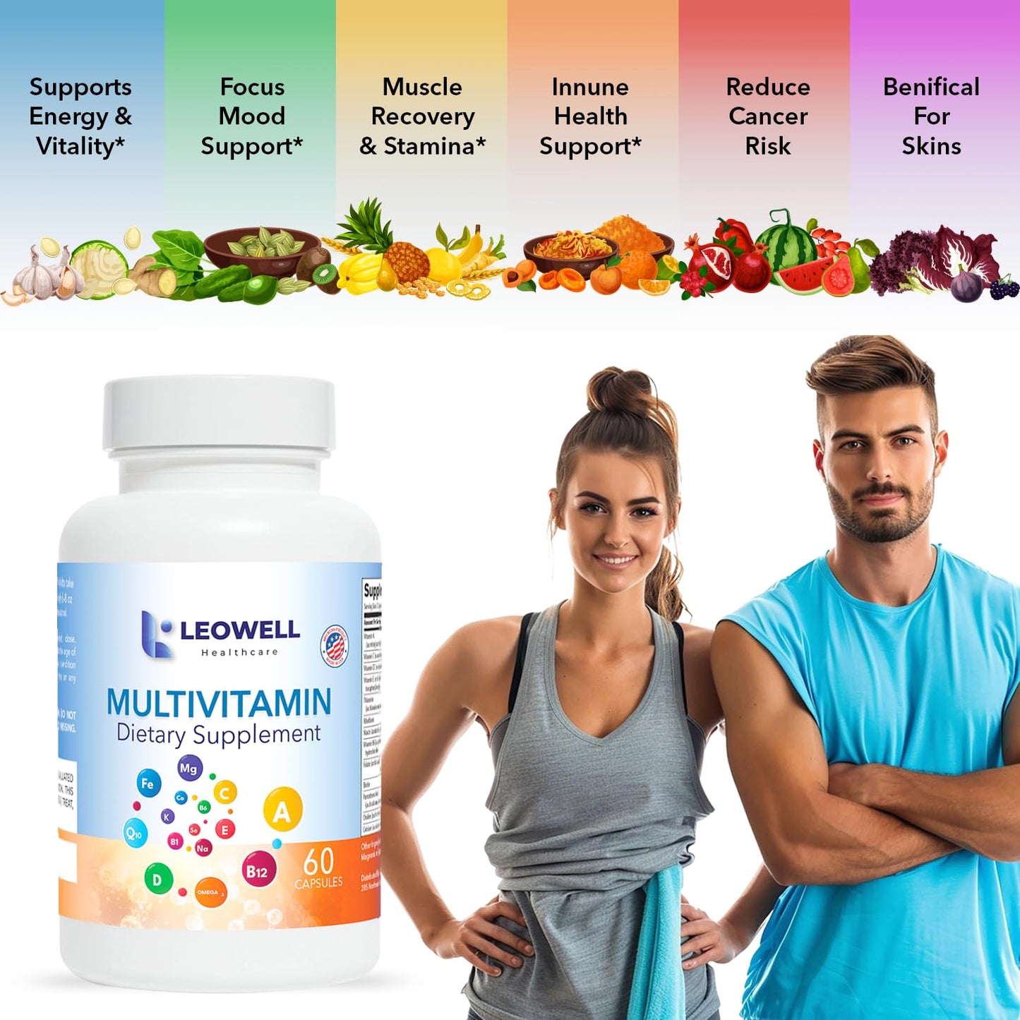 LEOWELL HEALTHCARE Leowell Multivitamin for Men & Women Daily Vitamin & Mineral Complex with Vitamin A, C, D, E, B-Complex, Zinc, Iron & Magnesium Immune & Energy Support, 60 Capsules
