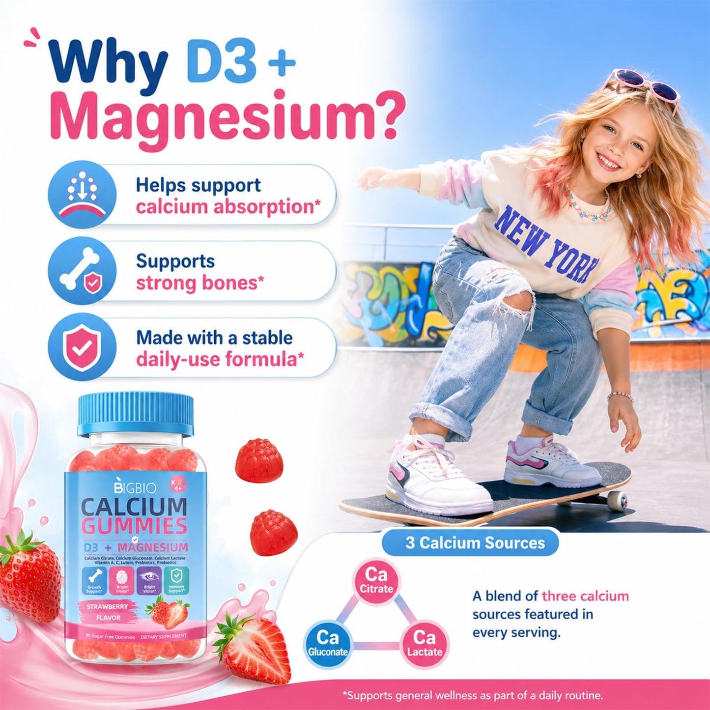 BIGBIO Kids Calcium Gummies with D3 & Magnesium, Probiotics & Prebiotics, Bone & Muscle Support, Vision & Immune Health, Sugar-Free, Strawberry Flavor, 90 Gummies