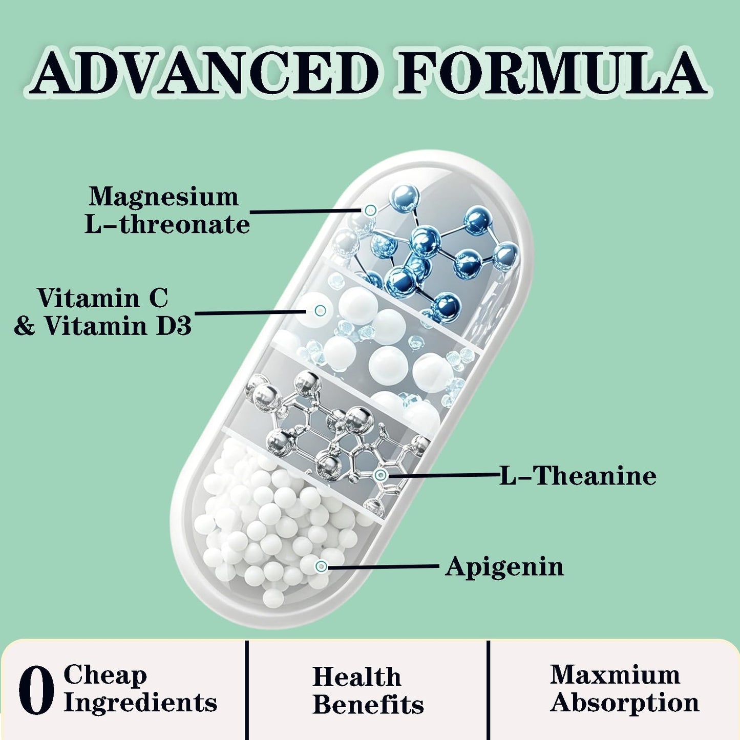 GHKALQ Liposomal Magnesium L-Threonate with L-Theanine, Apigenin, Vitamin C & D3 Capsules 120 Count
