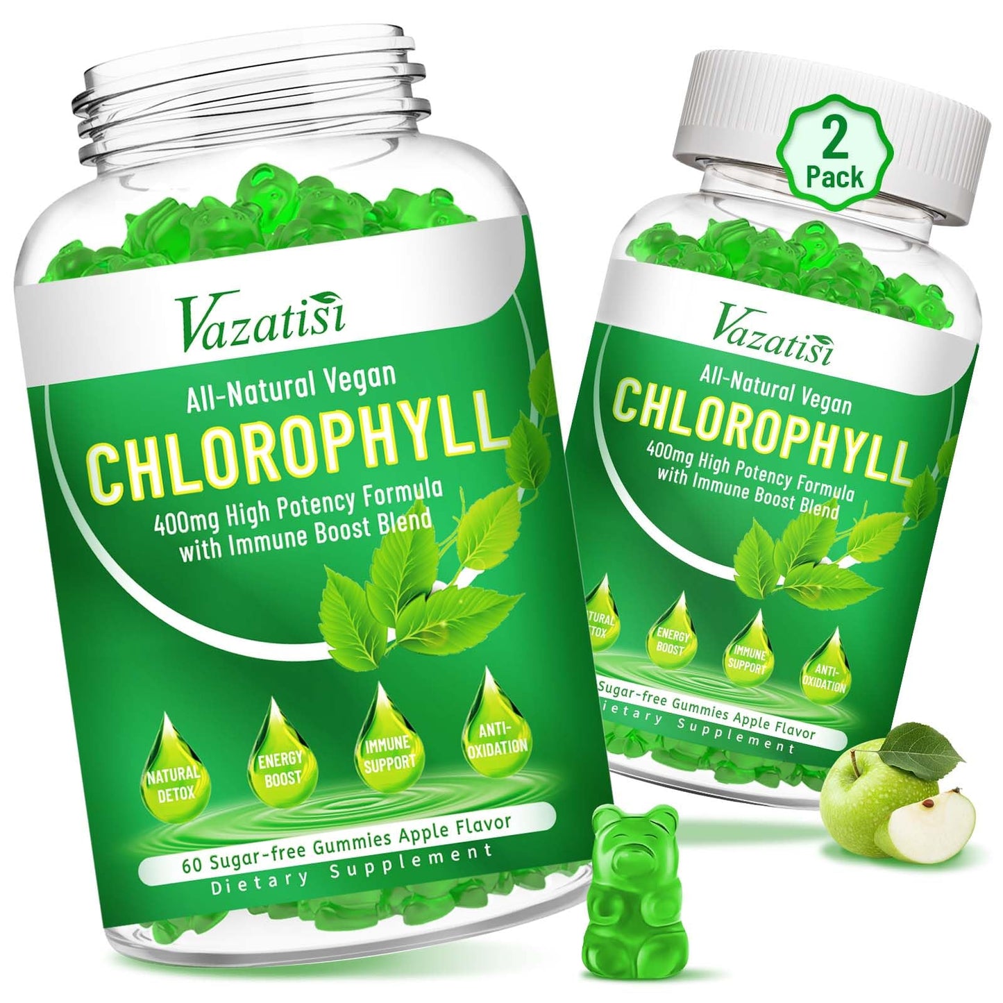 Vazatisi Chlorophyll Gummies - Super Green 13 in 1 with Ashwagandha, Vitamin C, Zinc & Copper for Body Odor, Skin, Energy, Immunity Support, Deodorant for Women, 120 Count