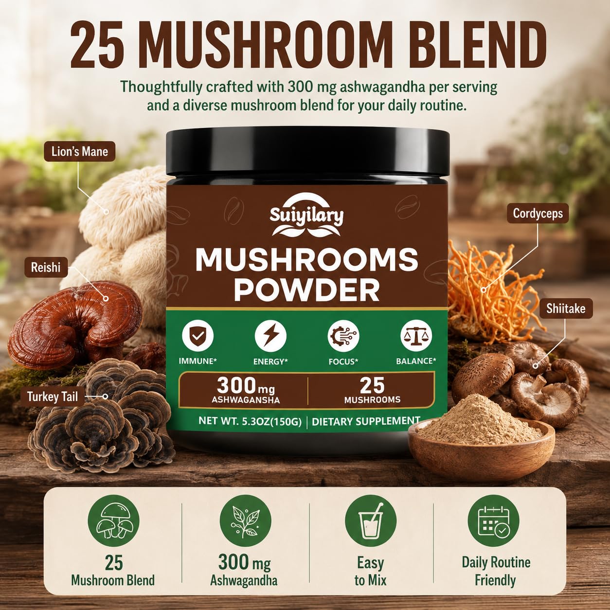 Suiyilary 25 in 1 Mushroom Powder, 5.3 oz