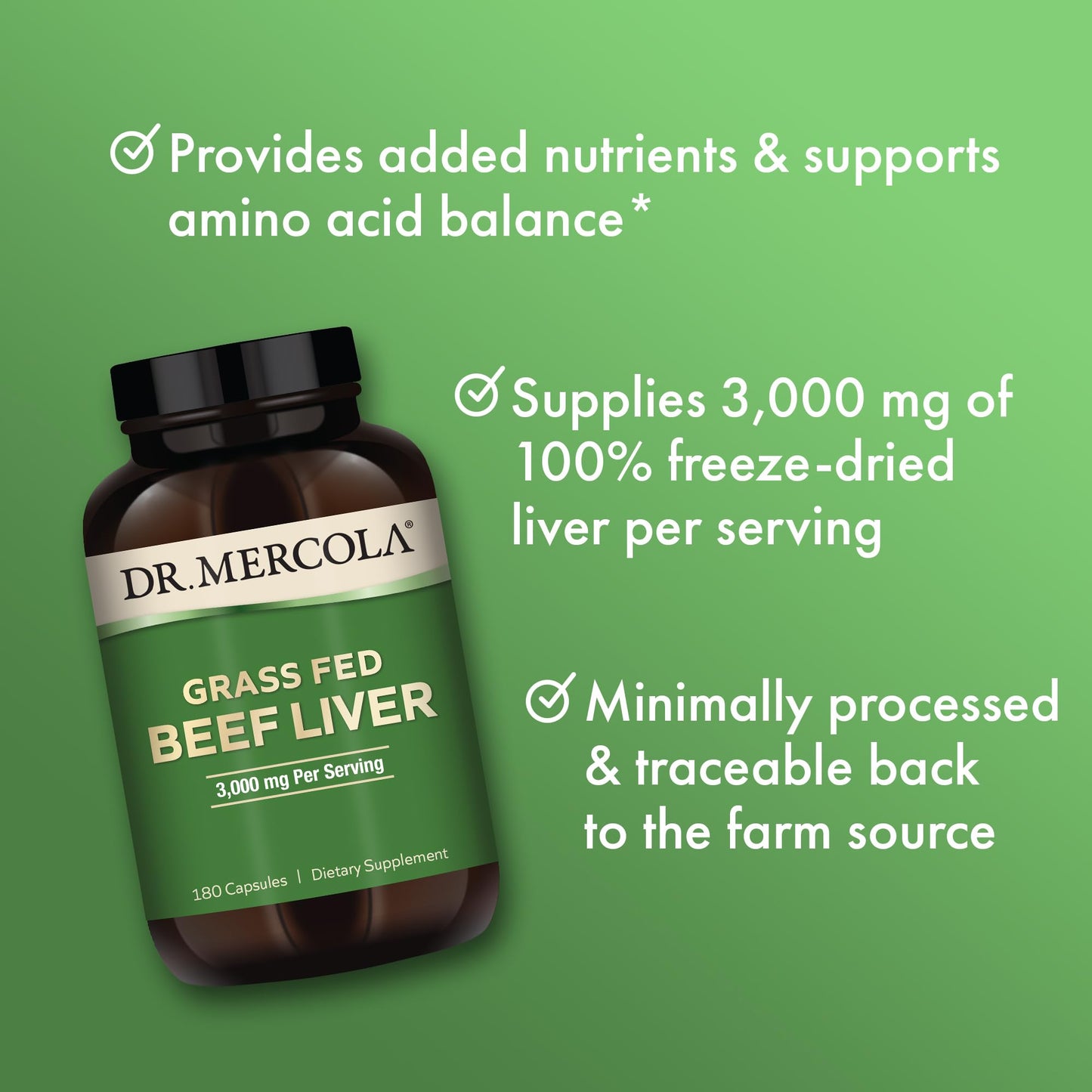 Dr. Mercola Grass Fed Beef Liver 3000 mg 180 Capsules