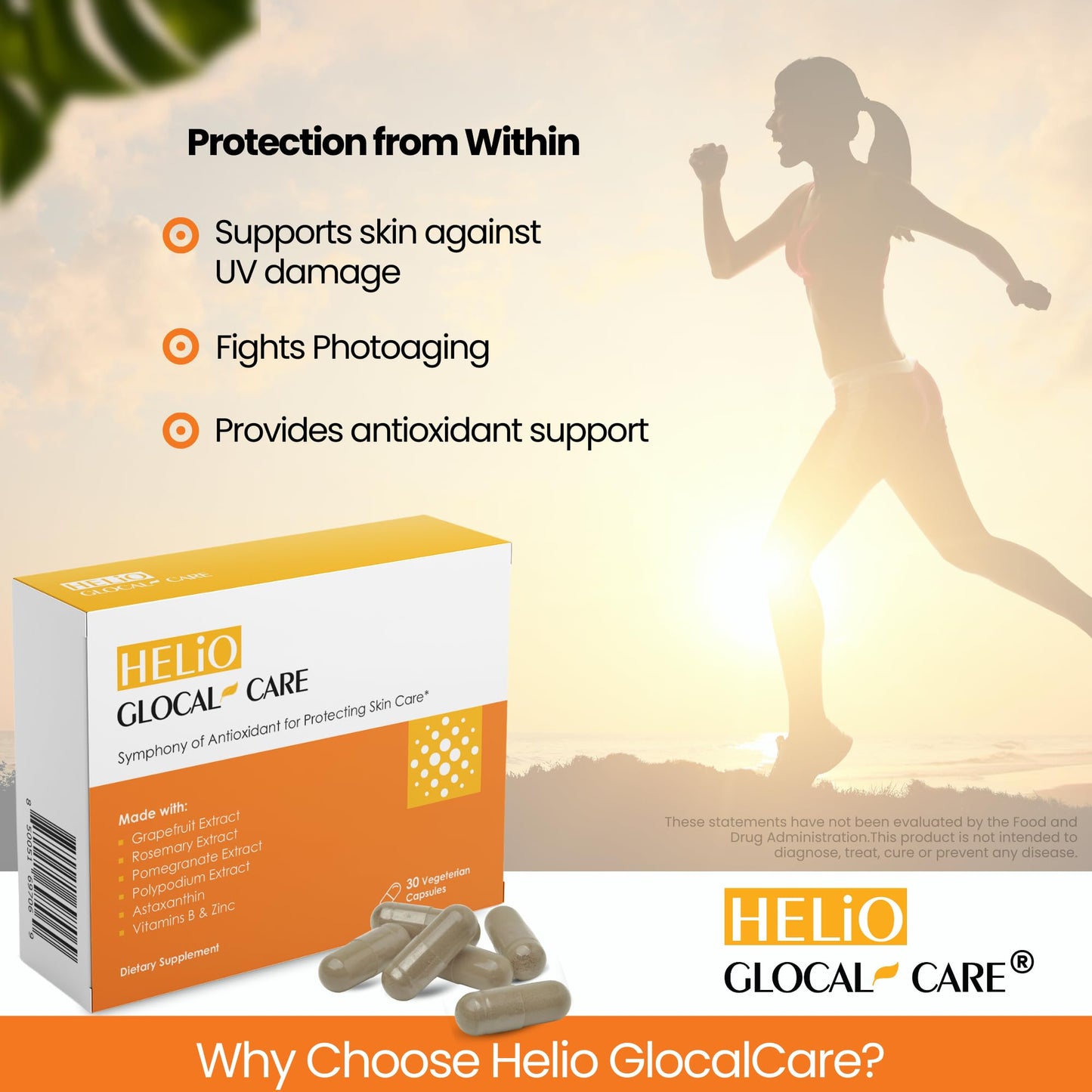 GlocalCare Helio Antioxidant-Rich Sun Defense & Skin Rejuvenation Supplement with Polypodium, Nutroxsun, Astaxanthin & Pomegranate Extract, 30 Capsules