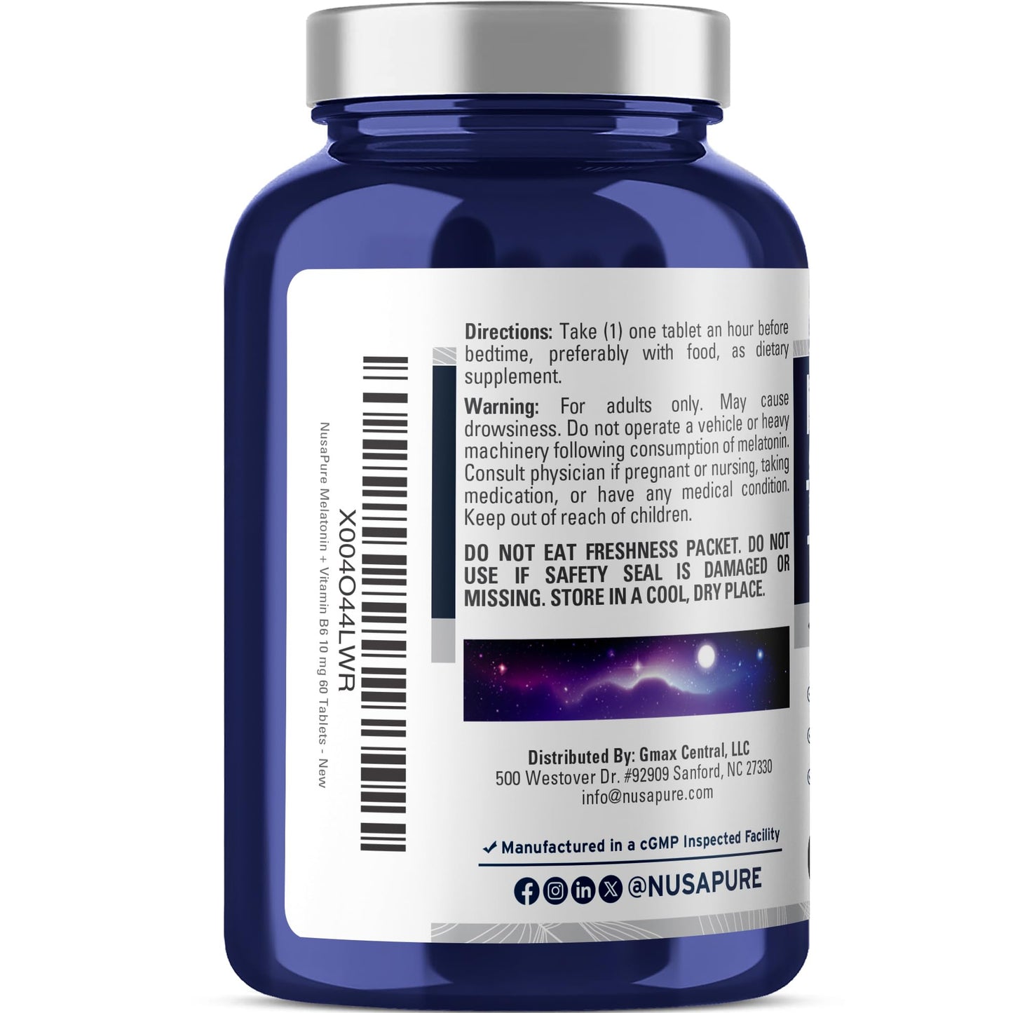 NusaPure Melatonin + Vitamin B6 10 mg Tablets, 60 Count