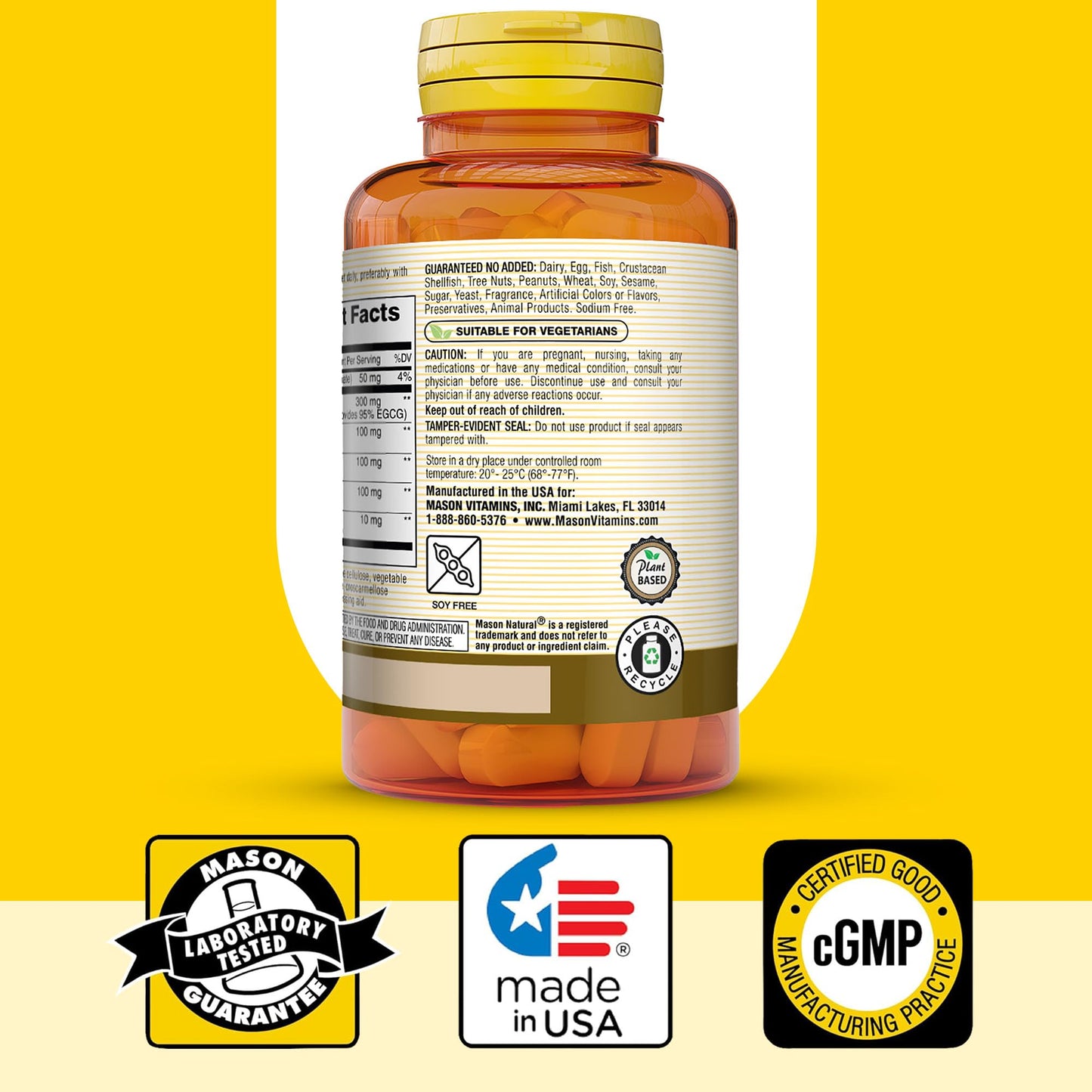 Mason Natural Mushroom Power with 95% EGCG and Matcha, Plant-Based Formula with Shiitake, Maitake, Reishi, 60 Tablets