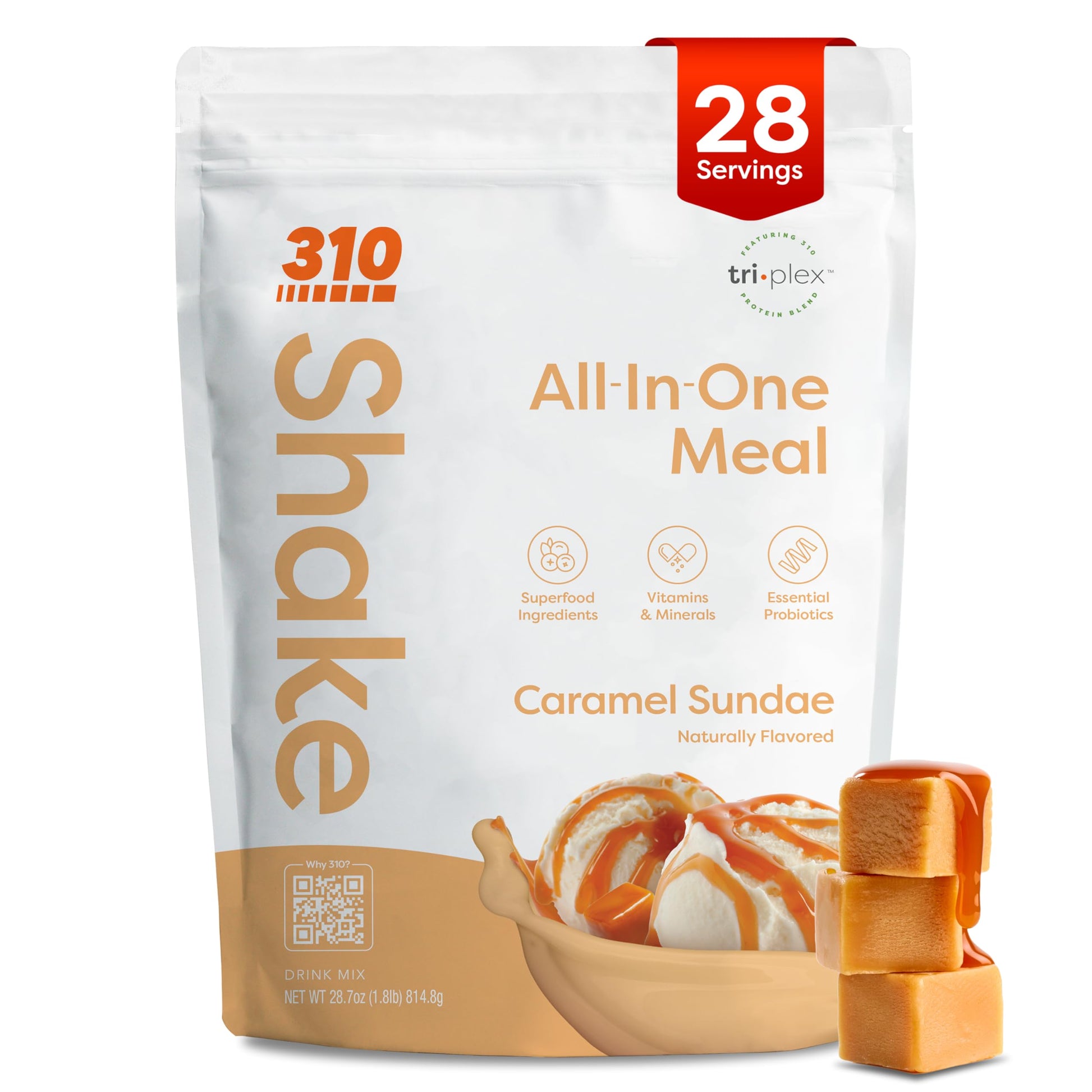 310 Nutrition All-In-One Meal Replacement Shake Powder - Plant-Based Protein Smoothie Blend with High Fiber, Probiotics & Adaptogens - Caramel Sundae - 28 Servings