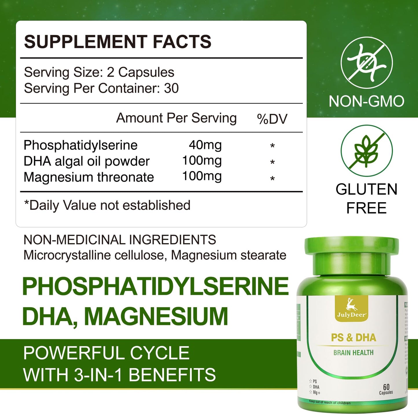 JulyDeer Magnesium Complex with DHA & Phosphatidylserine Capsules, 120 Capsules (Pack of 2)