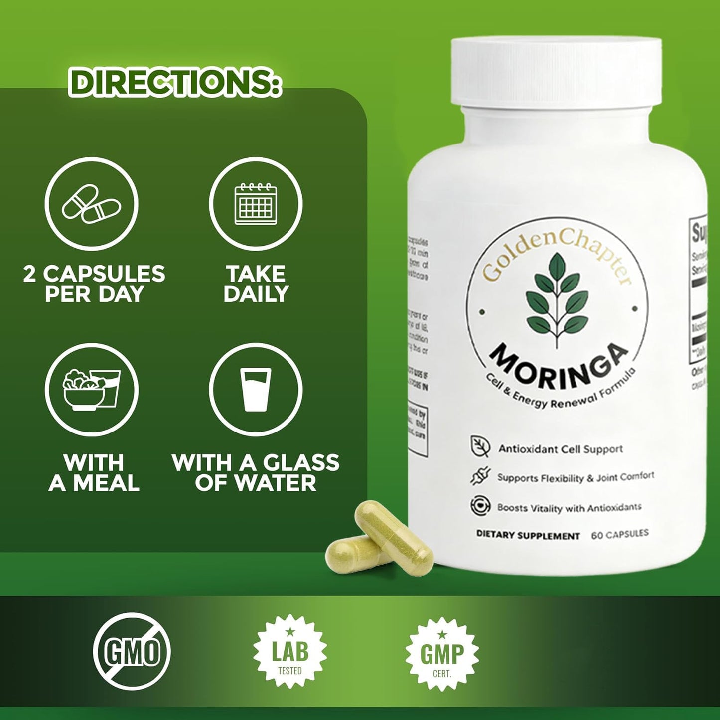 GoldenChapter Pure Moringa Capsules with Iron, Magnesium, Vitamins B12 & C, Energy Boost & Gut Health, 60 Count