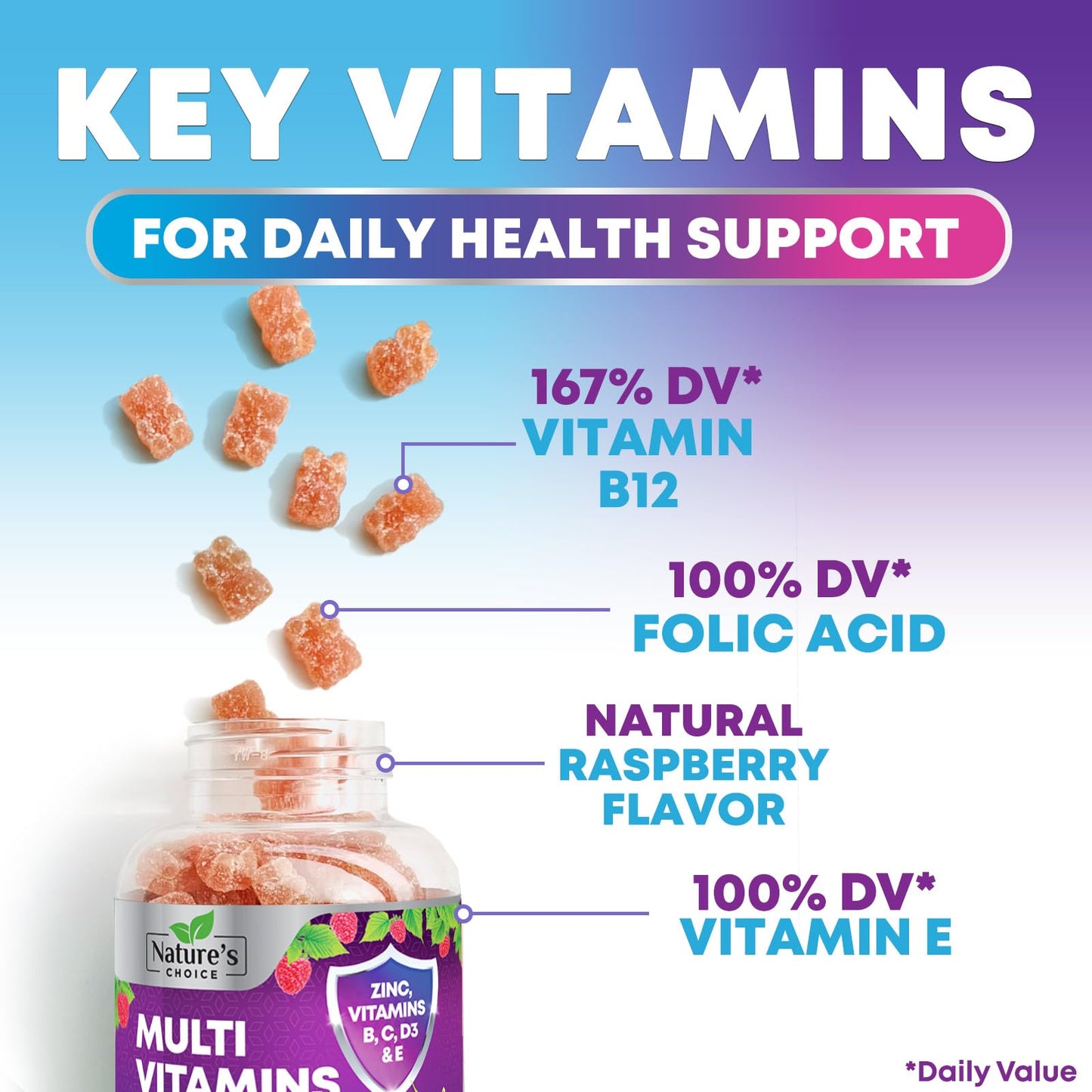 Nature's Choice Multivitamin Gummies for Adults - Complete Adult Multivitamins Gummy with Essential Vitamins A, C, D, E, & High Potency B12 for Women & Men, Daily Immune Support Multivitamins Supplement, 120 Gummies