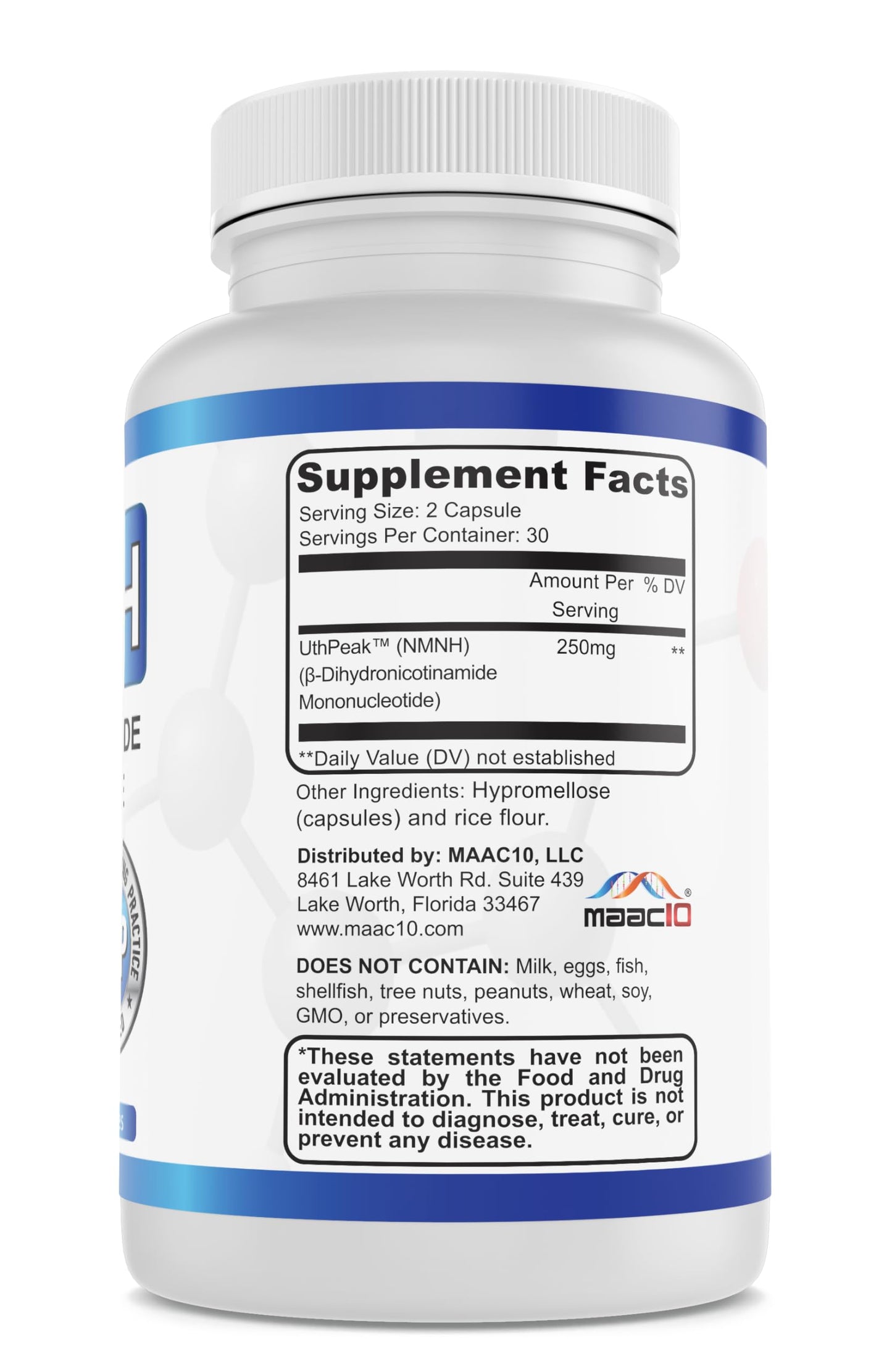 MAAC10 NMNH (NMN Supplement Alternative) 250mg Serving Capsule, 180 Count