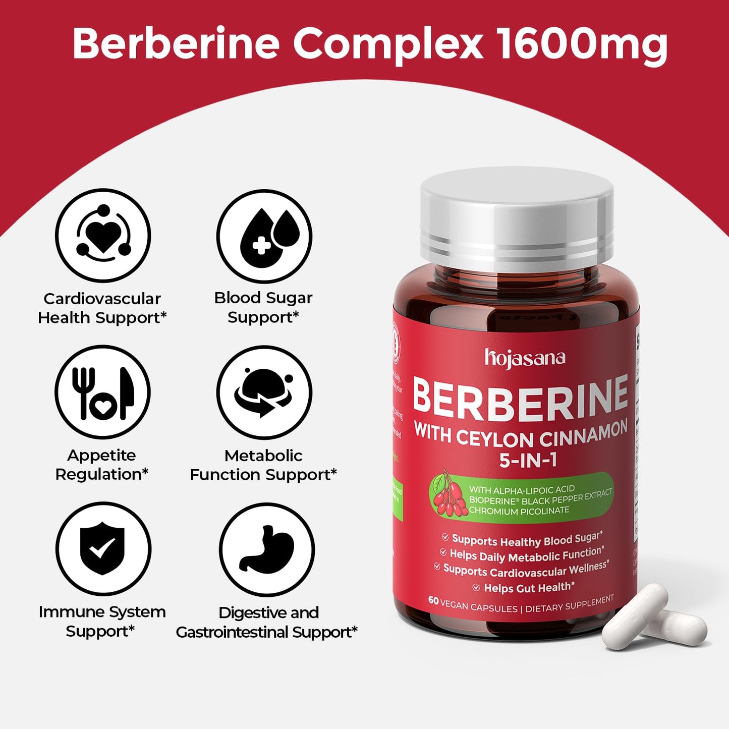 HojaSana 5-in-1 Berberine Complex 500mg with Ceylon Cinnamon Capsules, 60 Count