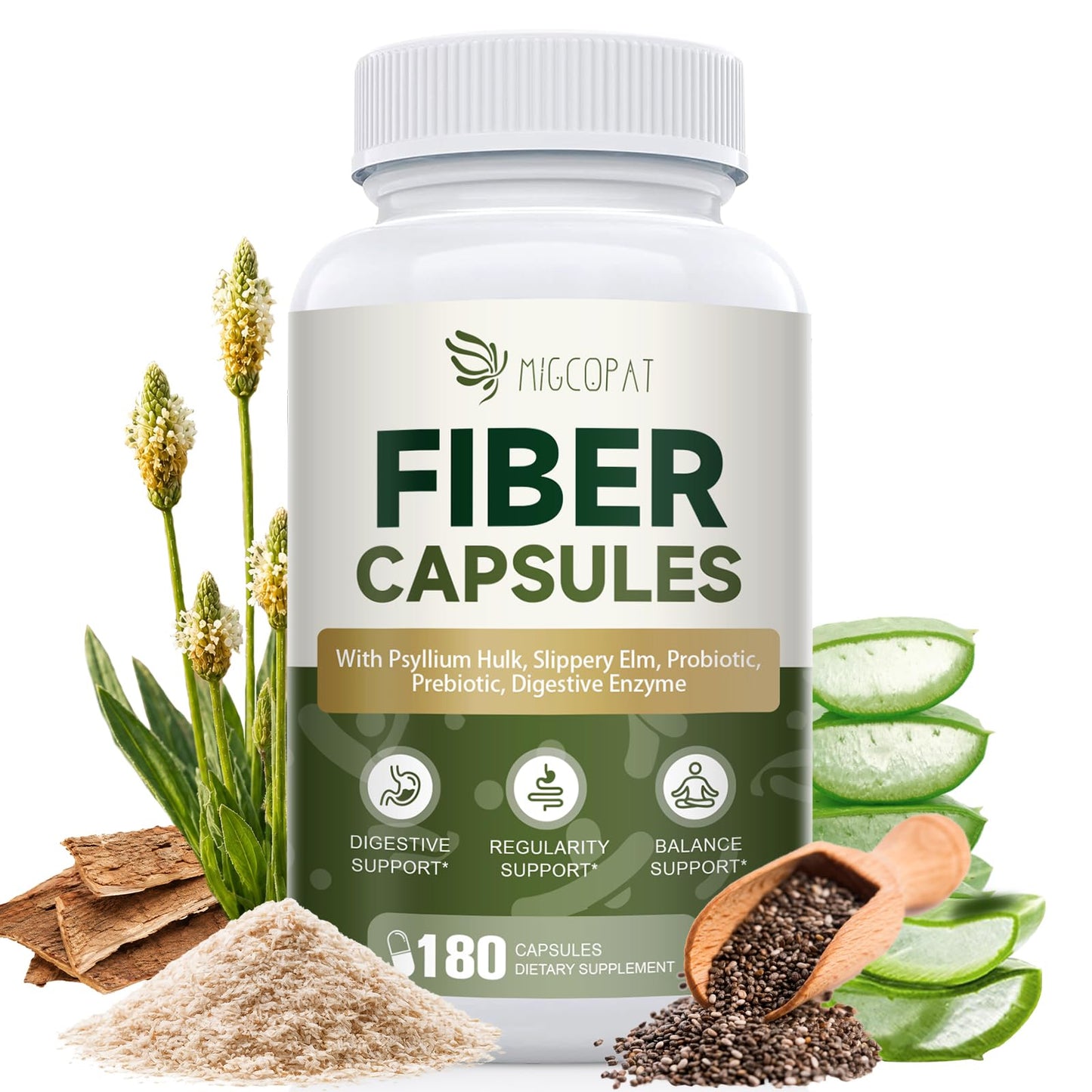 Migcopat Psyllium Husk Fiber Supplement 3000mg with Slippery Elm & Aloe Vera, Probiotics, Prebiotics, Digestive Enzymes, Supports Gut Health & Regularity, 180 Capsules