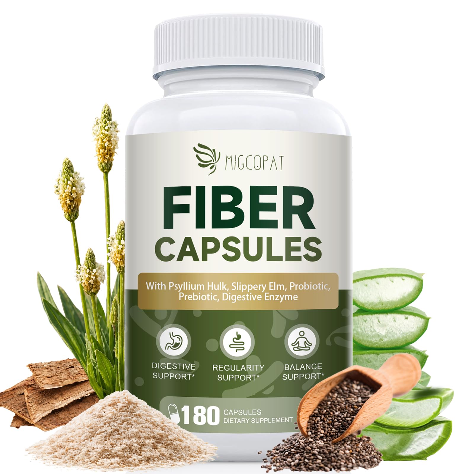 Migcopat Psyllium Husk Fiber Supplement 3000mg with Slippery Elm & Aloe Vera, Probiotics, Prebiotics, Digestive Enzymes, Supports Gut Health & Regularity, 180 Capsules