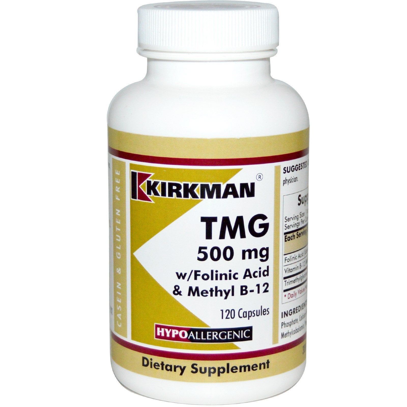 Kirkman TMG (Trimethylglycine) 500 mg with Folinic Acid & B12 Capsules, 120 Capsules