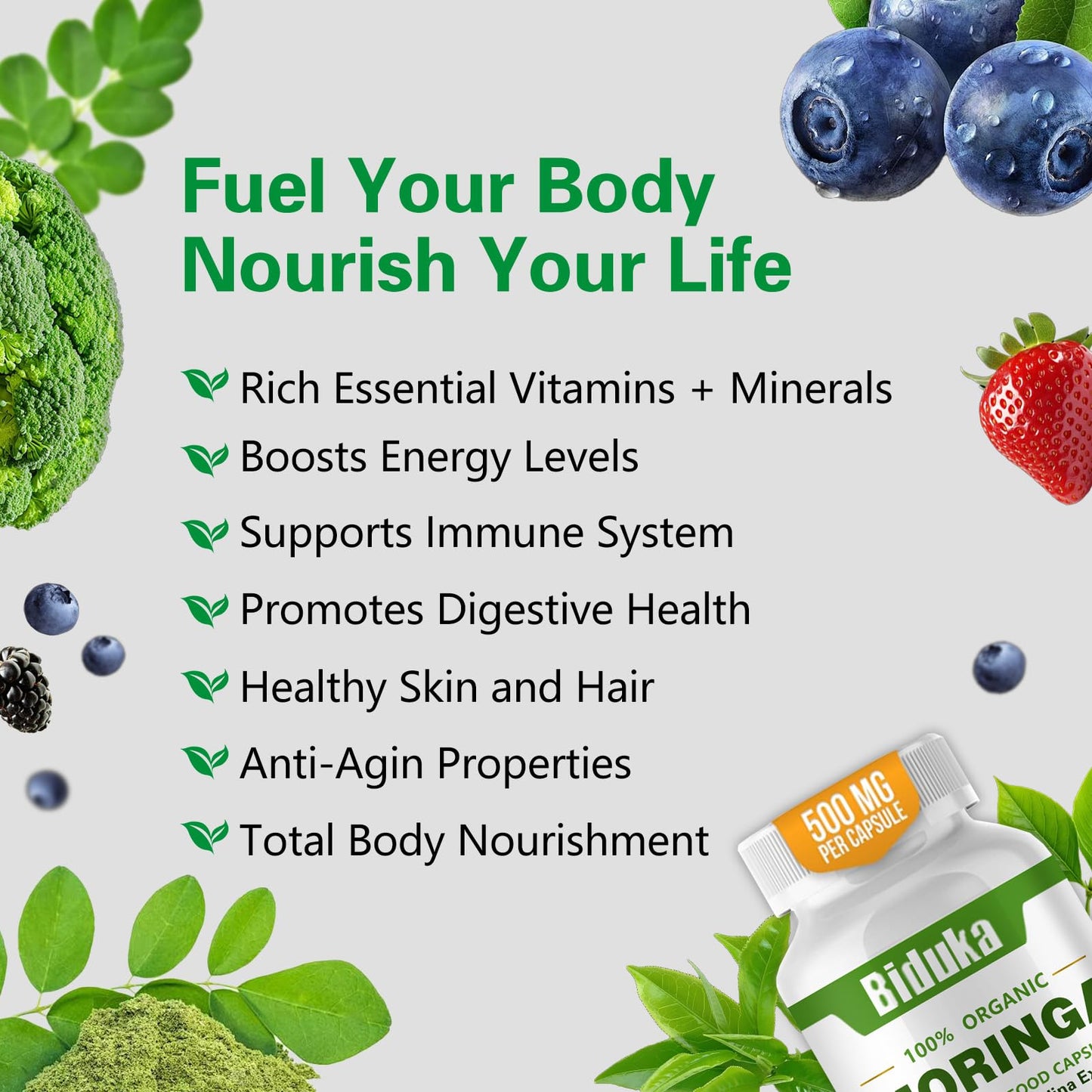 Biduka Organic Moringa Capsules 1000mg Capsule, 60 Count