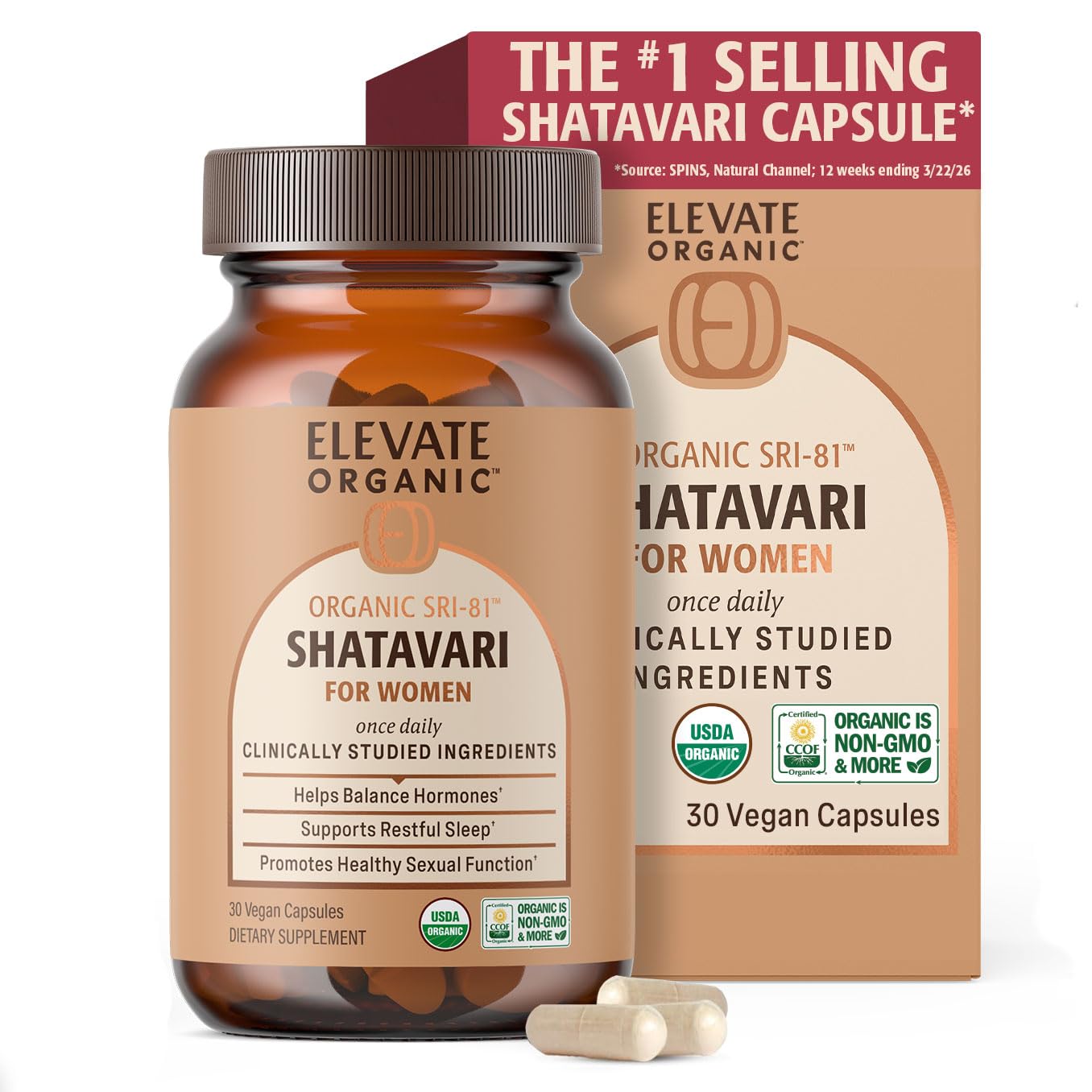 Elevate Organic SRI-81 Shatavari Vegan Capsules for Women, Asparagus racemosus Root Extract with Acti Veda, 30 Count