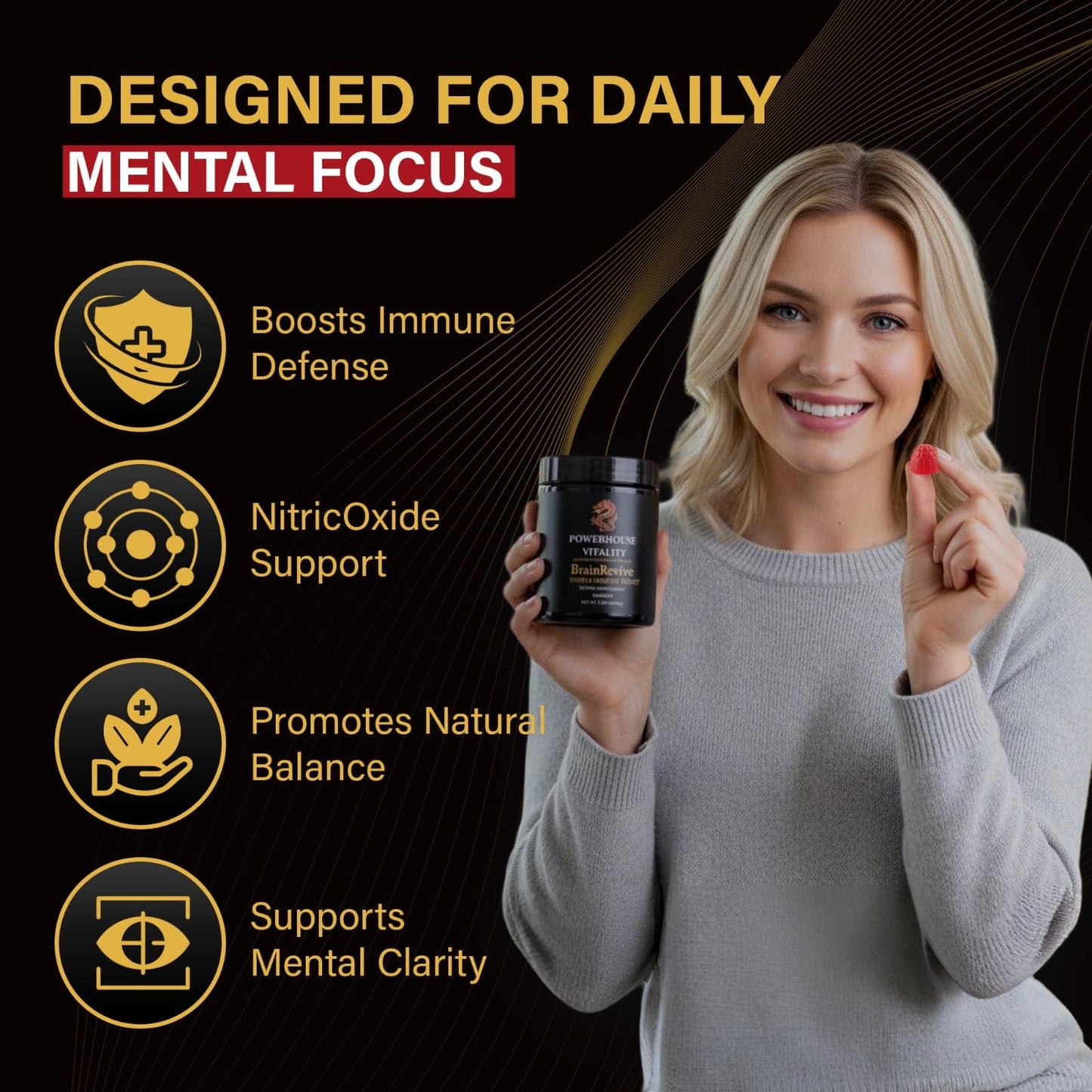 Powerhouse Vitality BrainRevive Lion's Mane Mushroom Gummies for Adults 60 Count