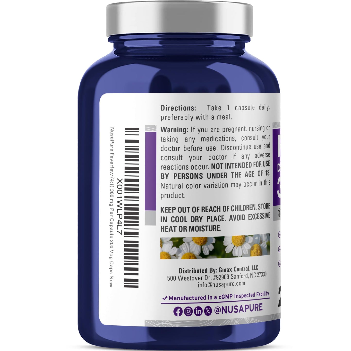 NusaPure Feverfew 380 mg Capsules, 200 Count