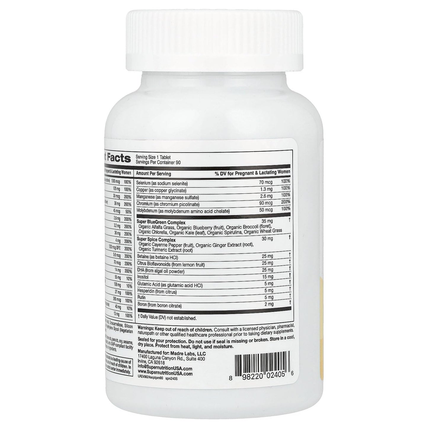 SuperNutrition Simply One Prenatal Multivitamin with Super Greens, Spices, Vitamin A, and Folate, 90 Tablets