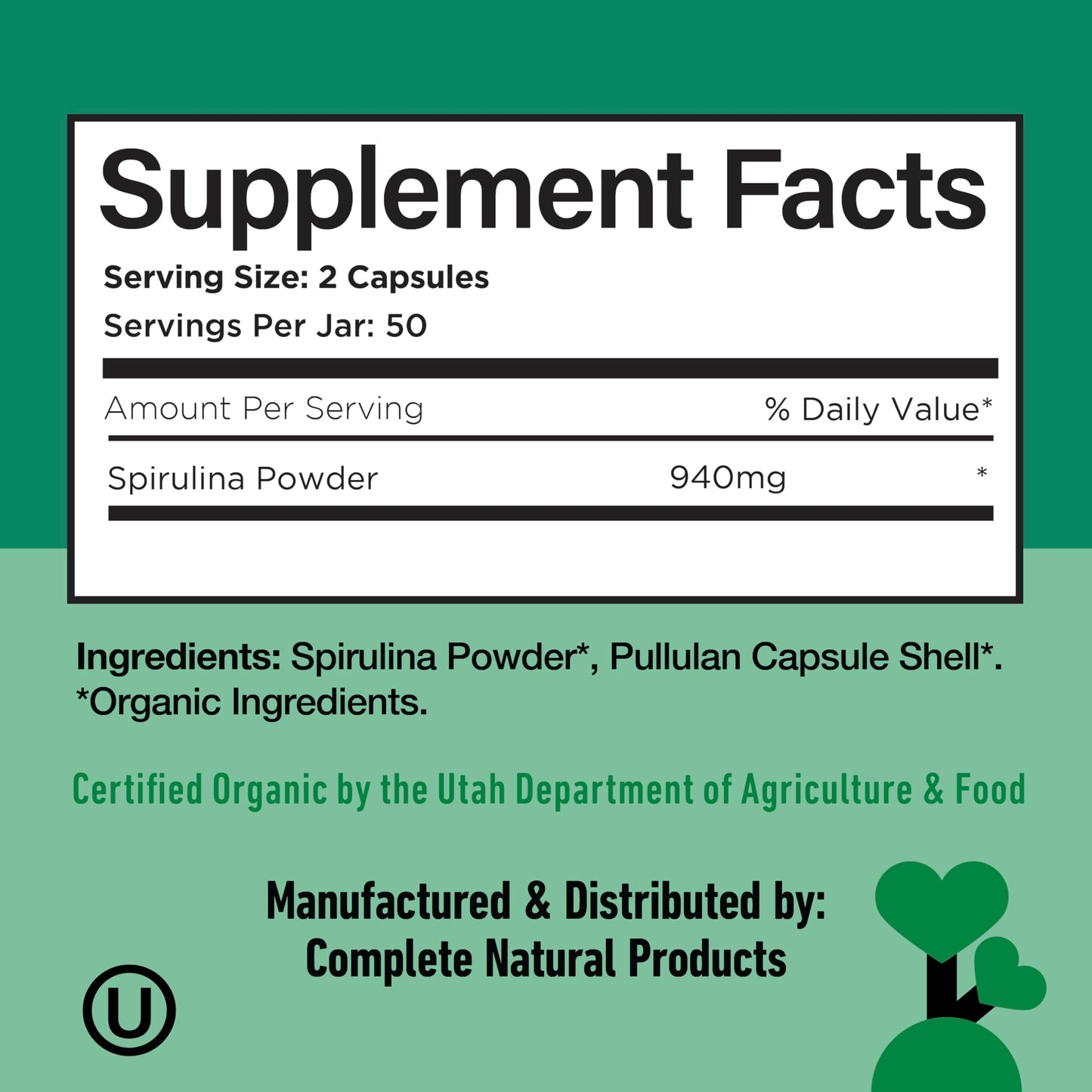 Complete Natural Products Pure Hawaiian Blue Green Spirulina Powder Capsules, 100 Count