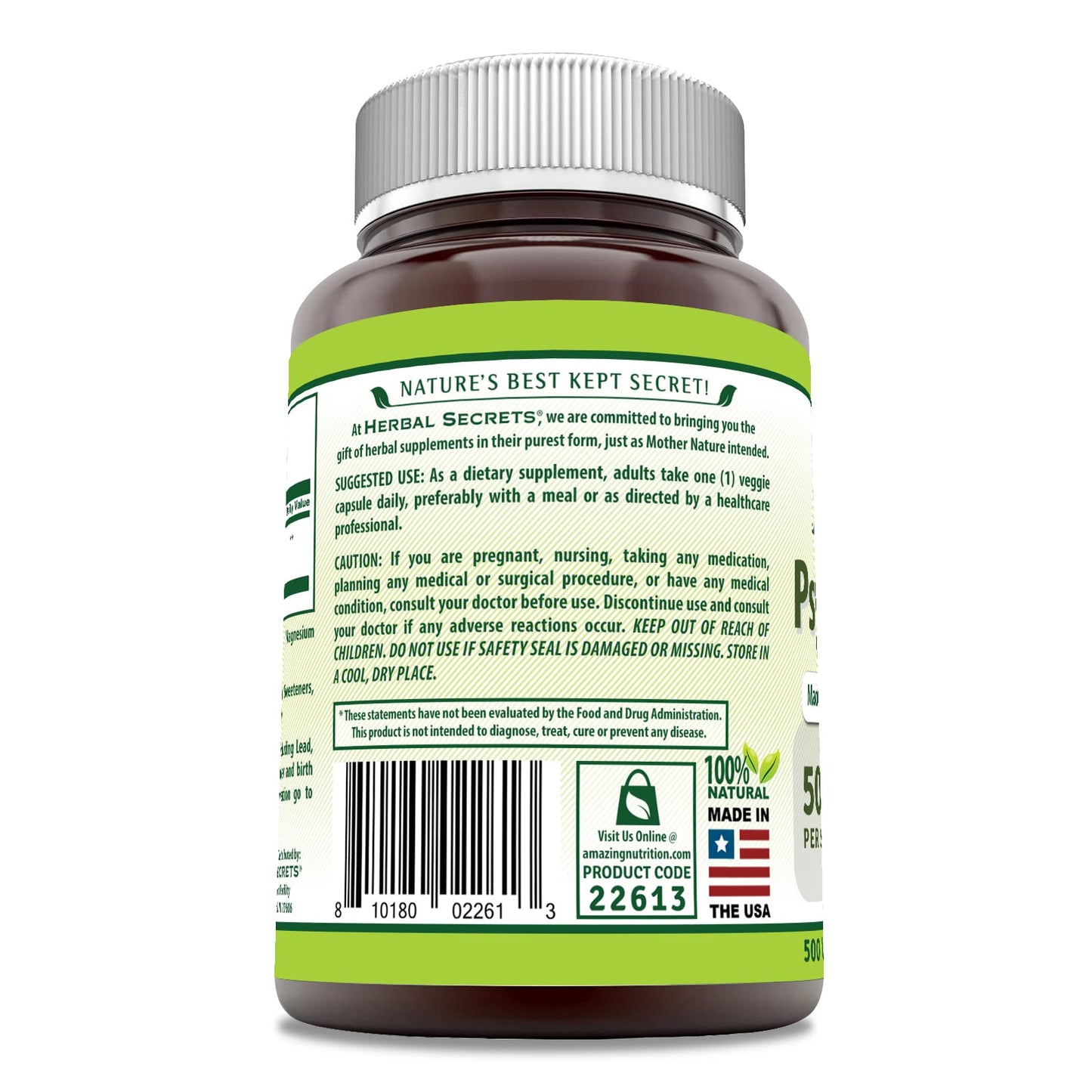 Herbal Secrets Psyllium Husk Supplement Capsules 500 Capsules