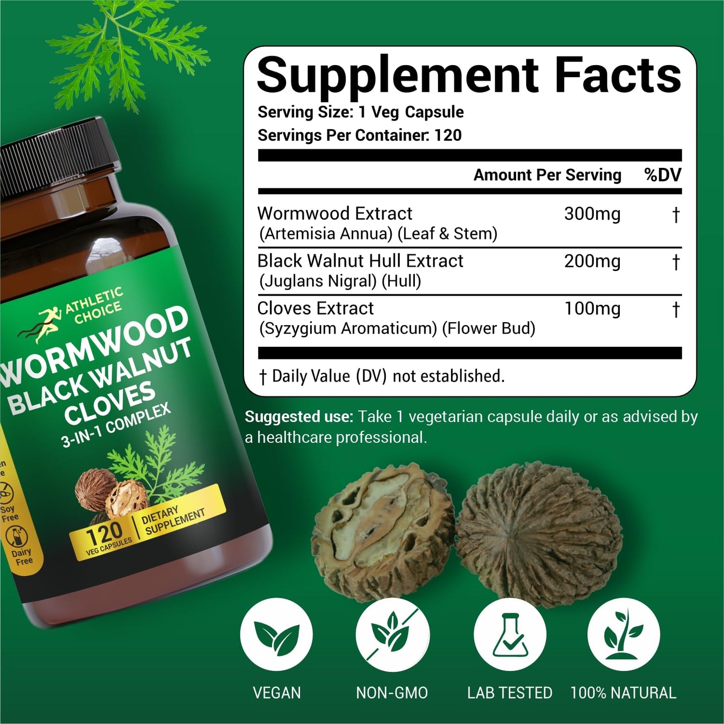 Athletic Choice Wormwood Black Walnut Clove Complex 3-in-1 Formula with Sweet Wormwood Extract 120 Capsules