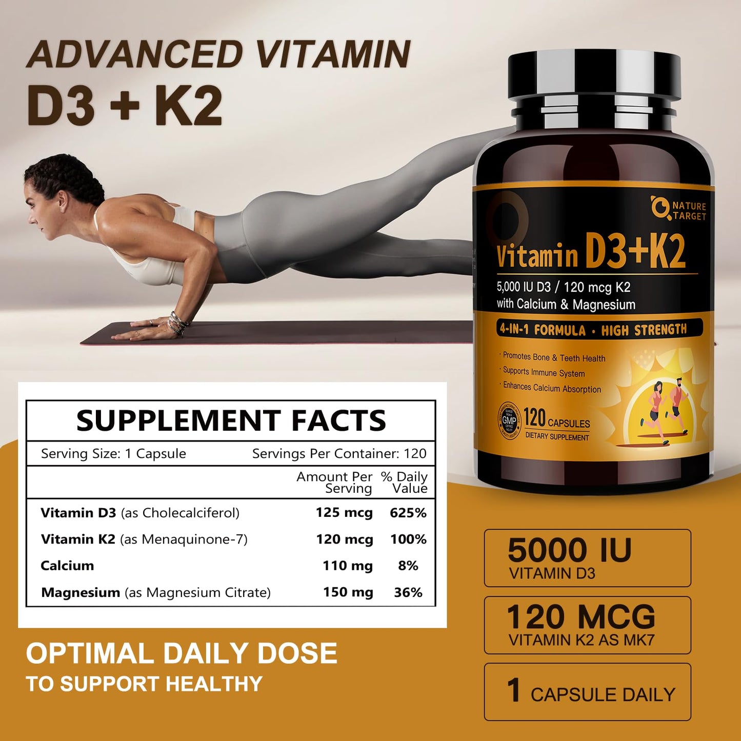 NATURE TARGET Vitamin D3 K2 with Calcium & Magnesium Capsules, 120 Count
