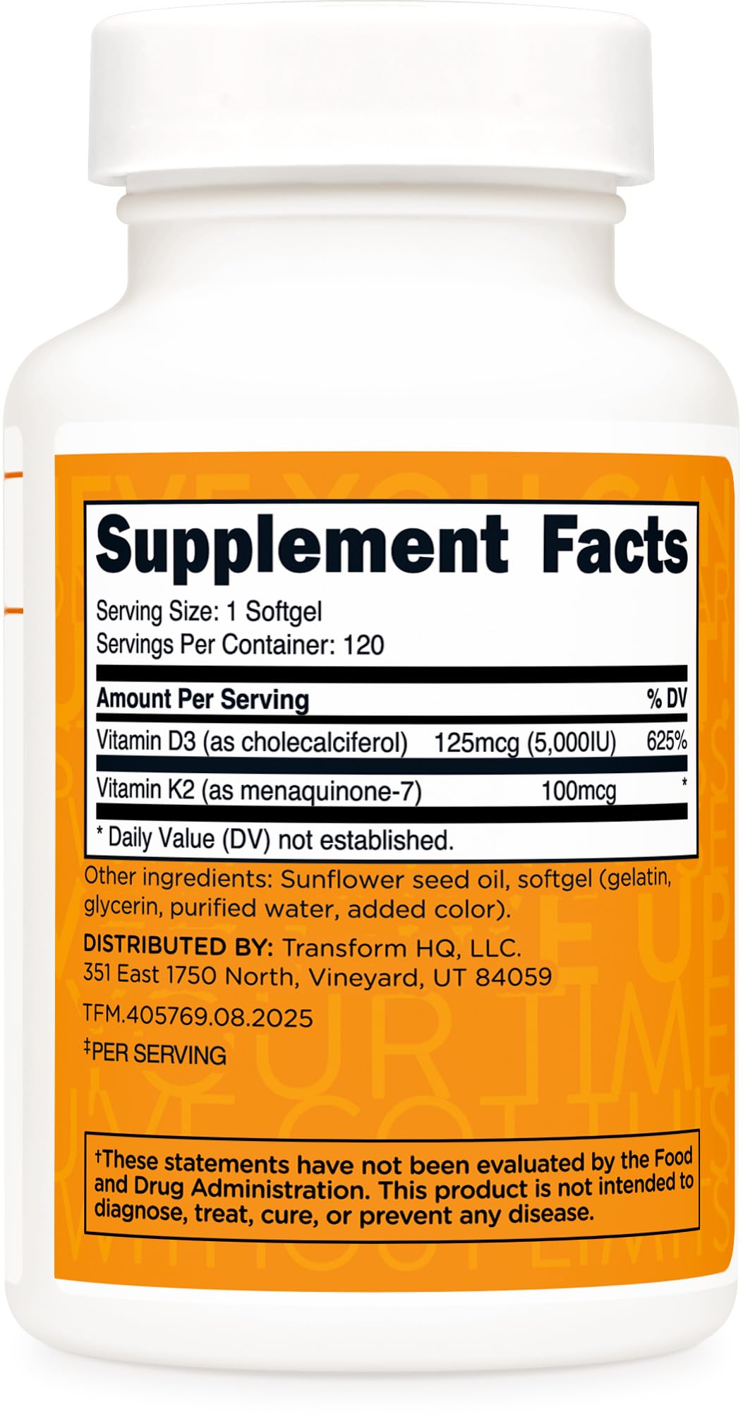 TransformHQ Vitamin K2 (MK7) 100mcg + Vitamin D3 5000 IU Softgels, 120 Count