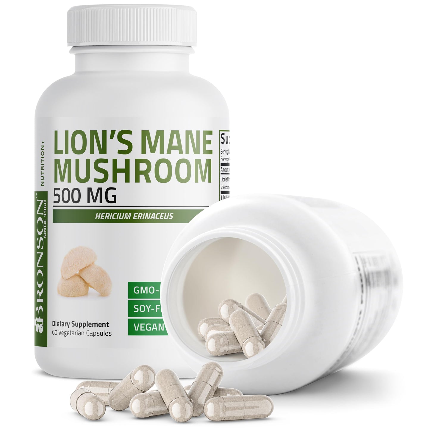 Bronson Lion's Mane Mushroom 500mg Hericium Erinaceus Non-GMO Capsules, 60 Count