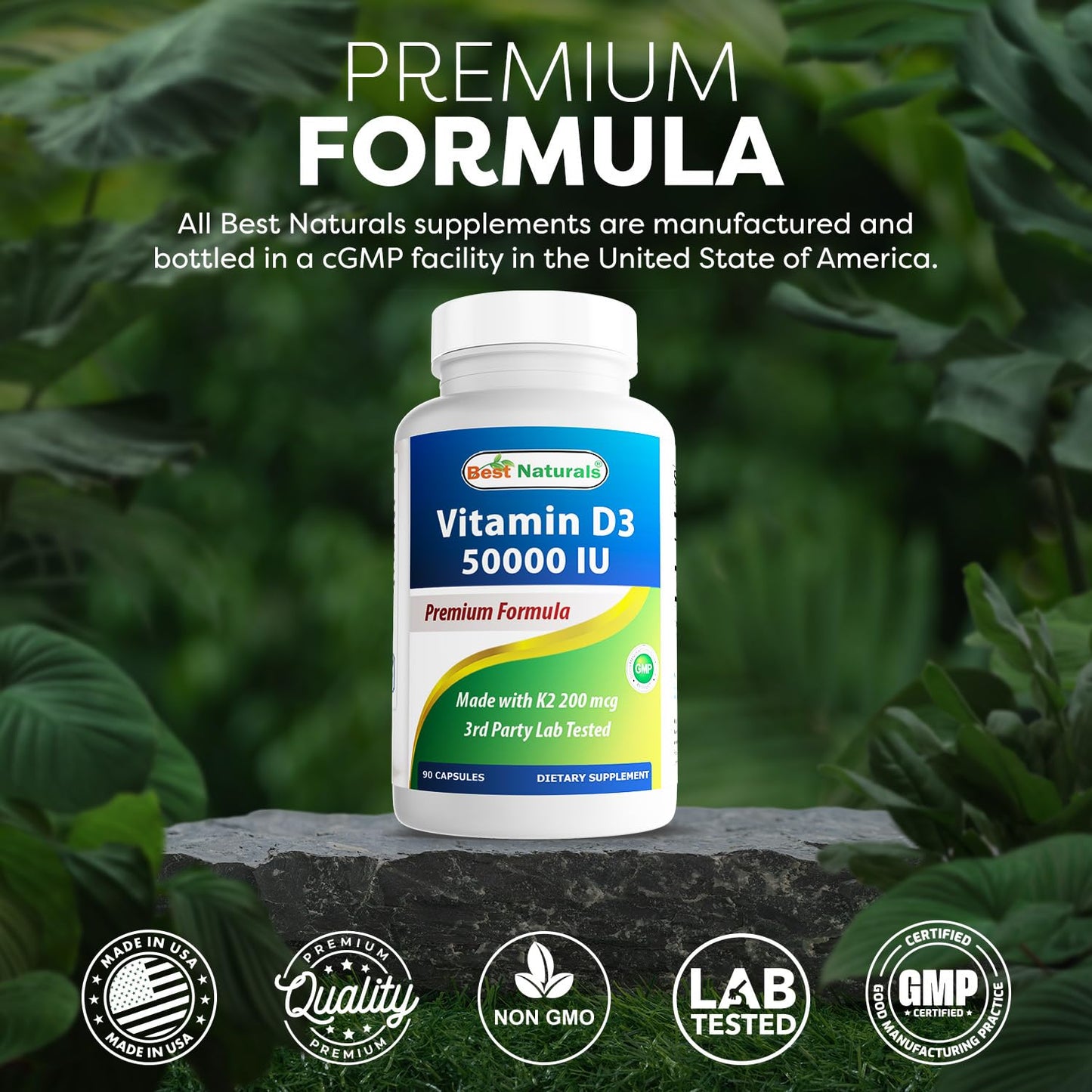 Best Naturals Vitamin D3 50,000 IU with MK-7 K2 200 mcg Capsules, 90 Count