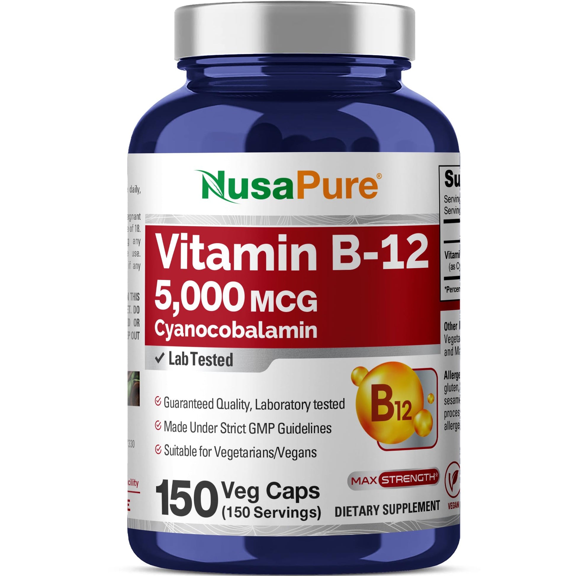 NusaPure Vitamin B12 Max Strength Non-GMO Vegan 5000mcg Capsules, 200 Count