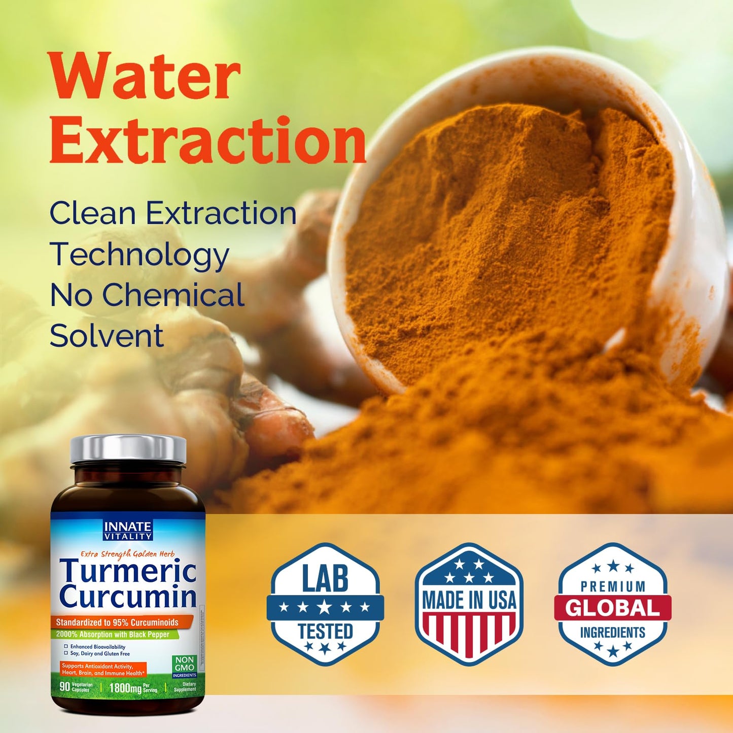 Innate Vitality Turmeric Curcumin Supplement 1800mg with Black Pepper 95% Curcuminoids Capsules 90 Count