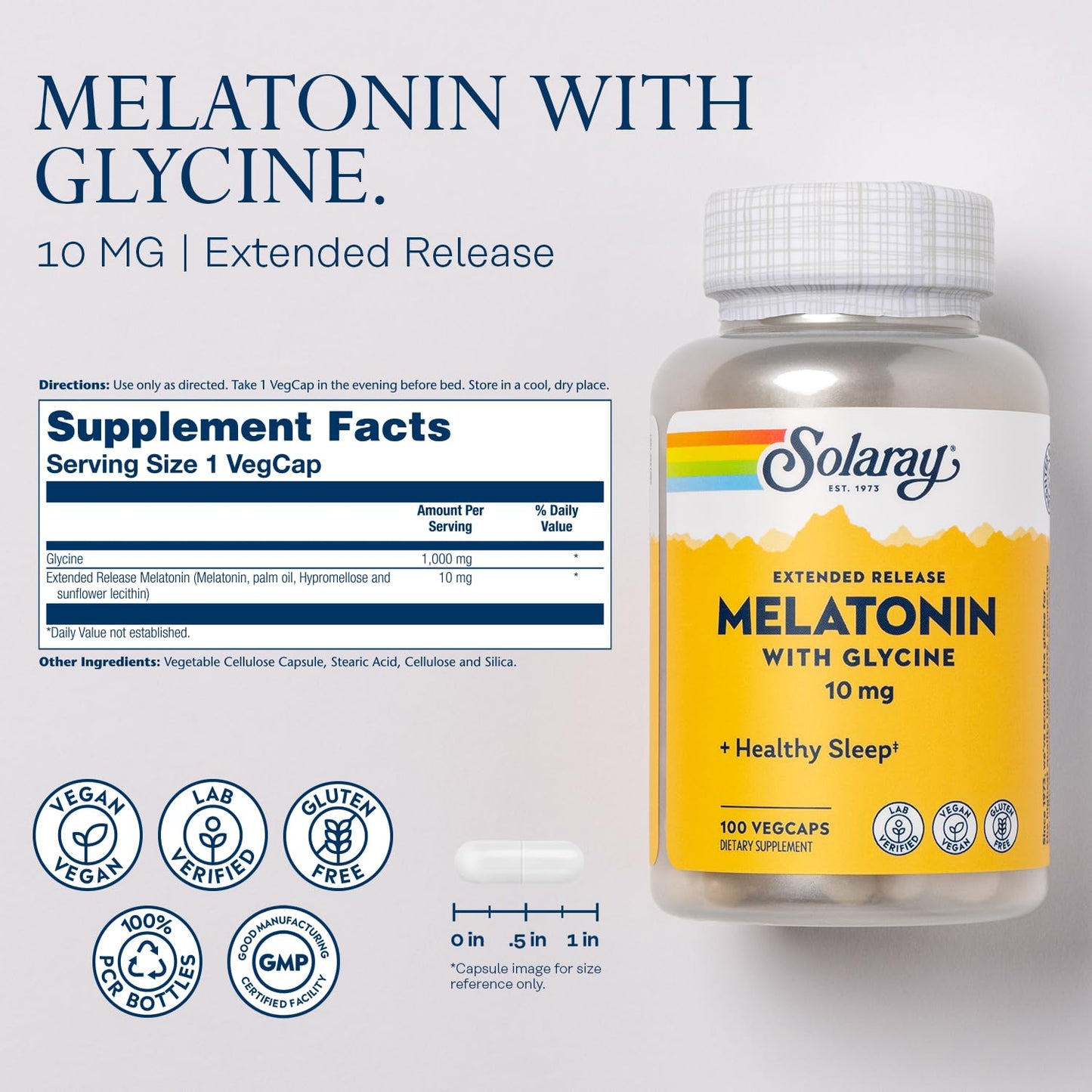 SOLARAY Melatonin 10mg with Glycine - Extended Release Capsule 100 VegCaps