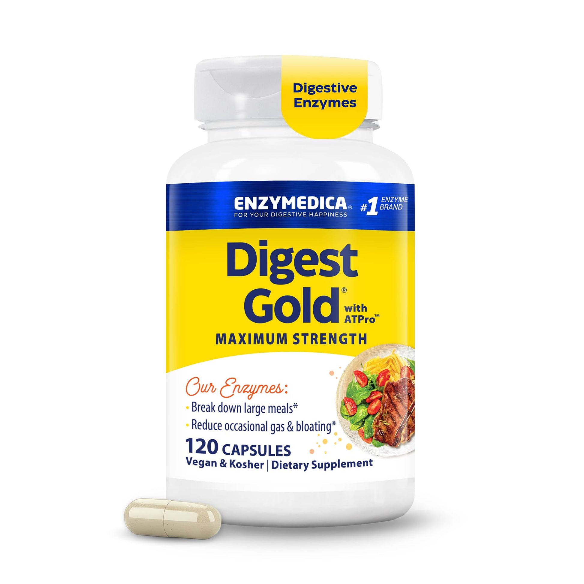 Enzymedica Digest Gold + ATPro Maximum Strength Enzyme Formula Fast-Acting Helps Digest Large Meals Prevents Bloating and Gas Capsule 120 Count
